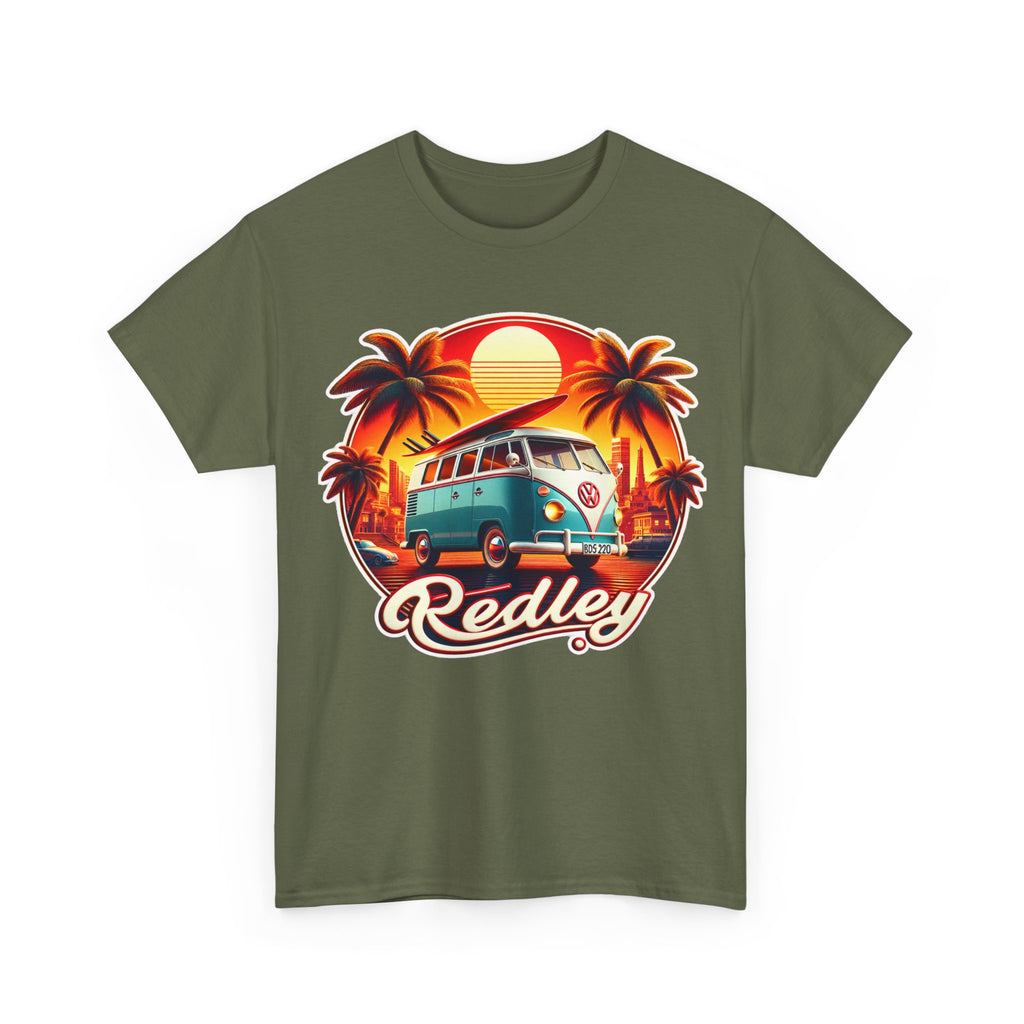Vintage Surf Van T-Shirt – Retro Beach Sunset Tee with 'Redley' Script