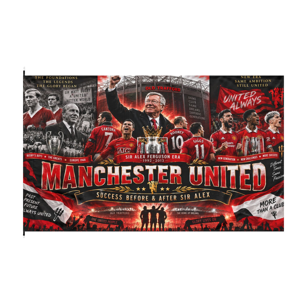 Manchester United Double-Sided Fan Flag — Sir Alex & Legends Collage