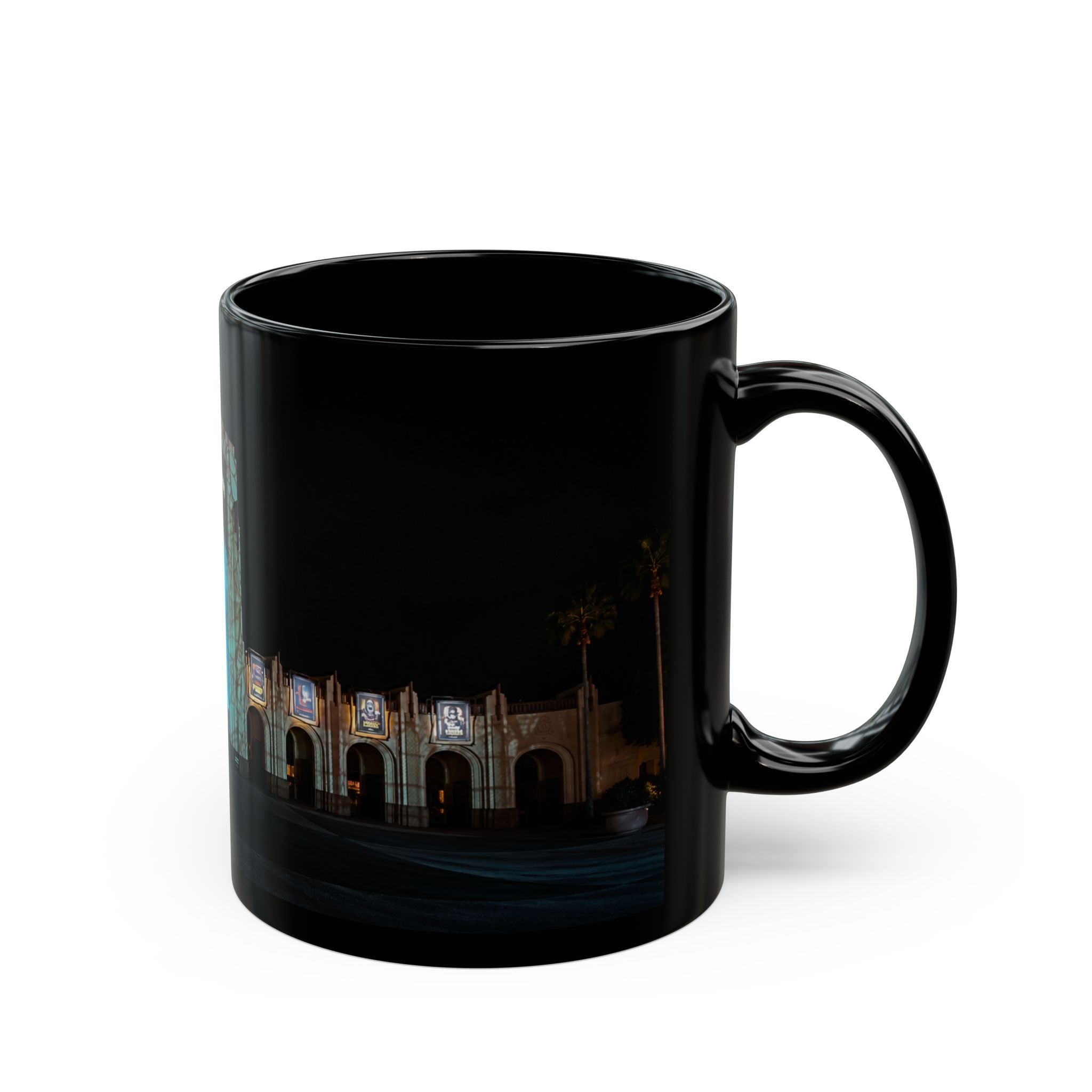 Universal HHN Black Ceramic Mug — Nighttime Theme Park Arch Photo (11oz & 15oz)