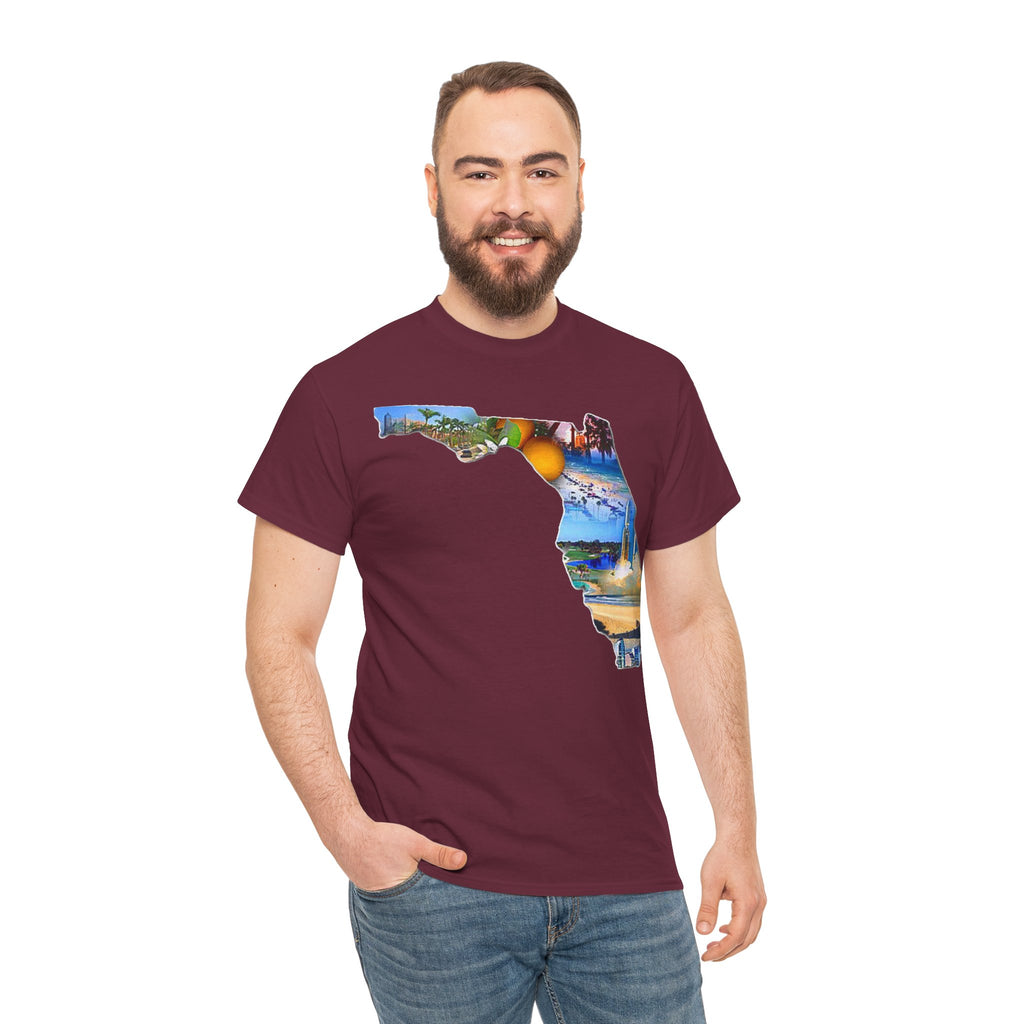 Florida State Shape T-Shirt — Scenic Beach & Sunset Map Tee