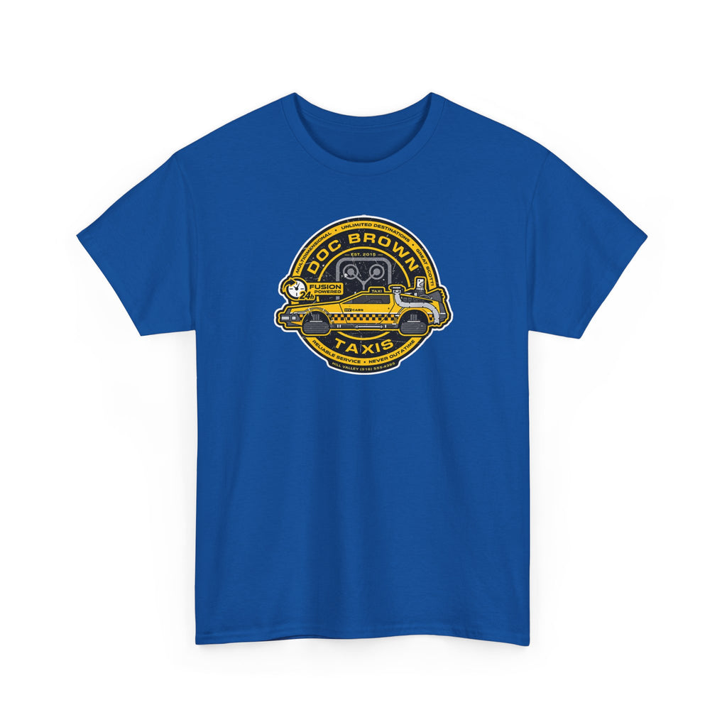 Vintage Taxi Badge T-Shirt — 'Doc Brown Taxis' Retro Cab Logo Tee