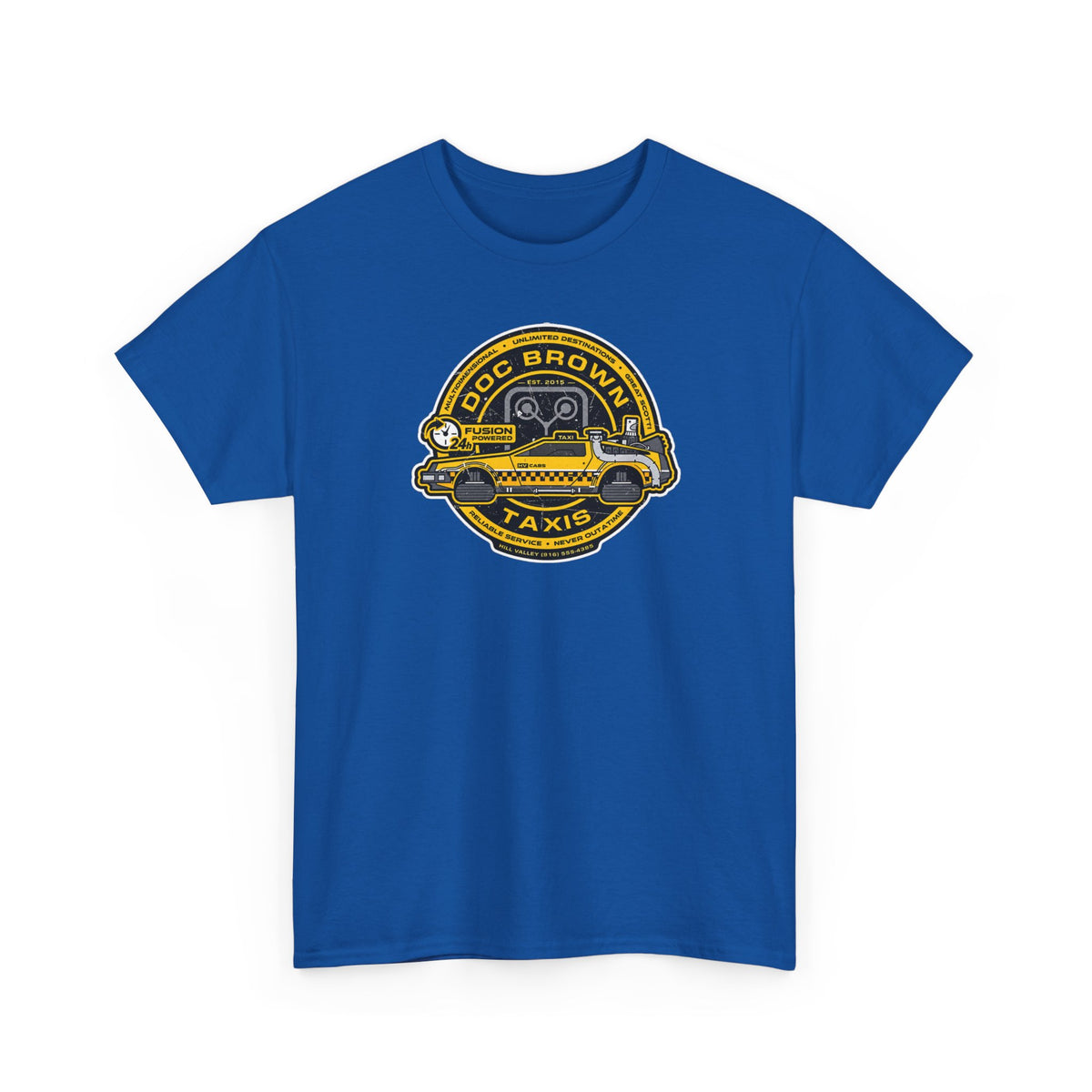 Vintage Taxi Badge T-Shirt — 'Doc Brown Taxis' Retro Cab Logo Tee