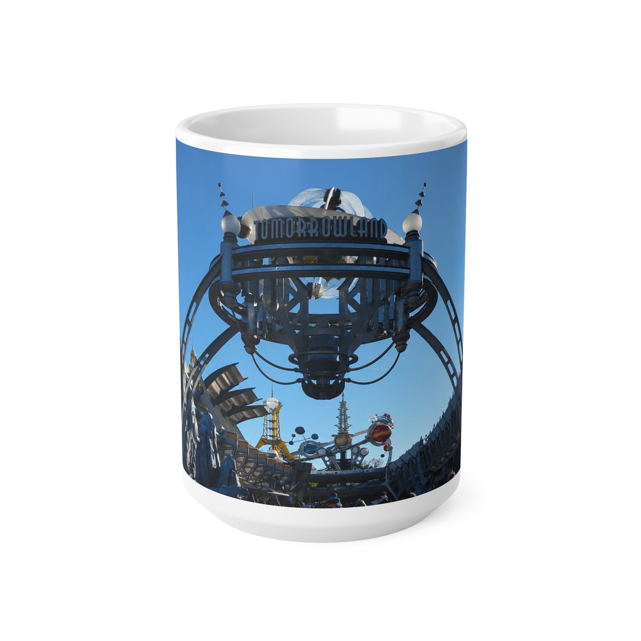 Tomorrowland Sign Photo Ceramic Mug — Vintage Carnival Sky Coffee Cup (11oz/15oz)