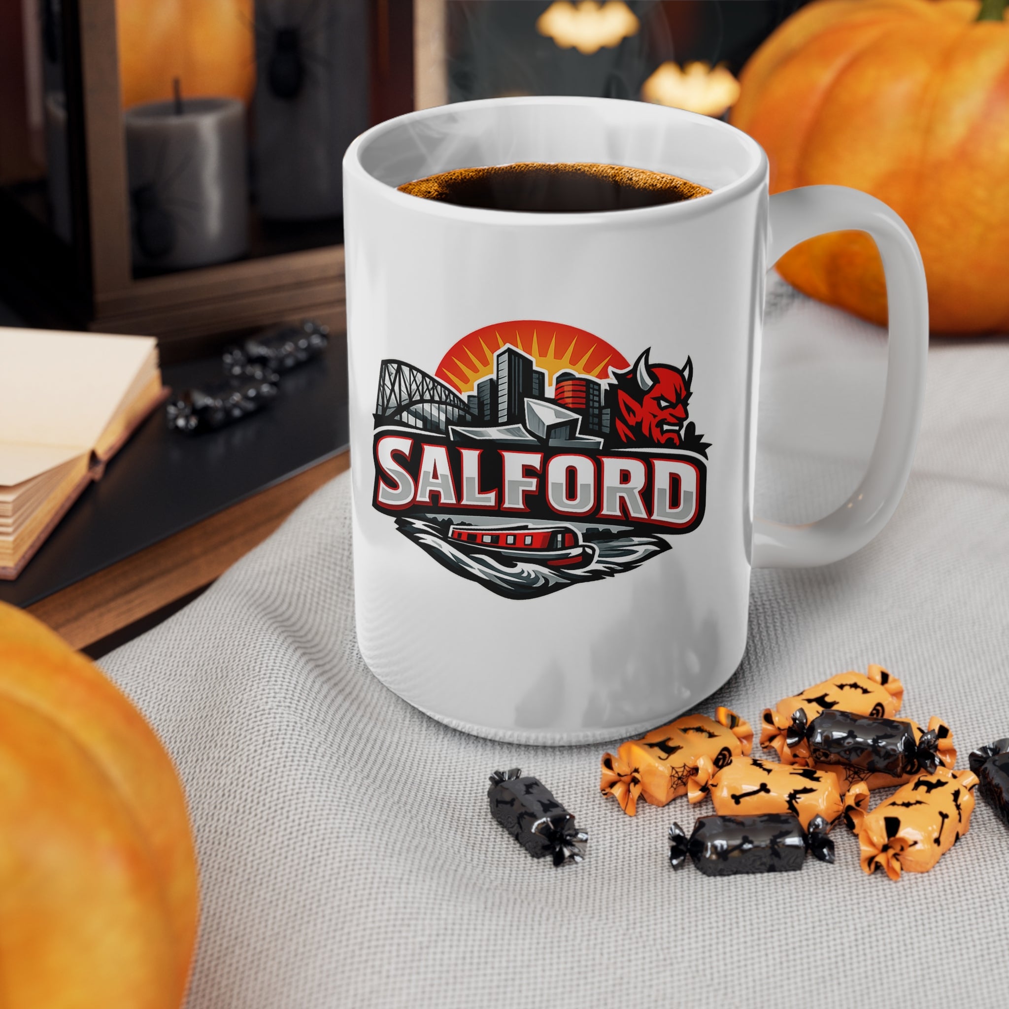 Salford City Skyline Coffee Mug – Devils Logo Ceramic Cup (11oz & 15oz)