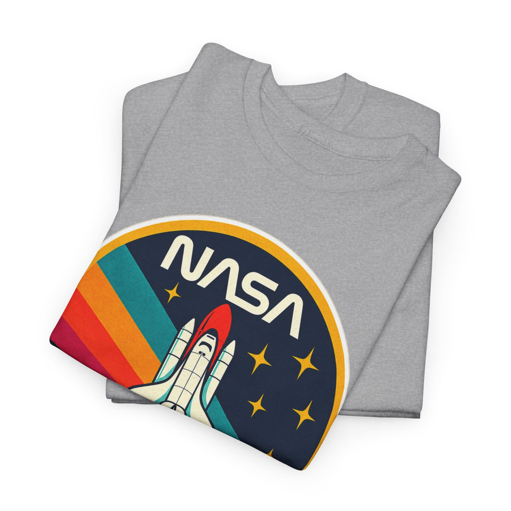 NASA Retro Rocket T‑Shirt — Vintage Space Shuttle Tee with Rainbow Trail