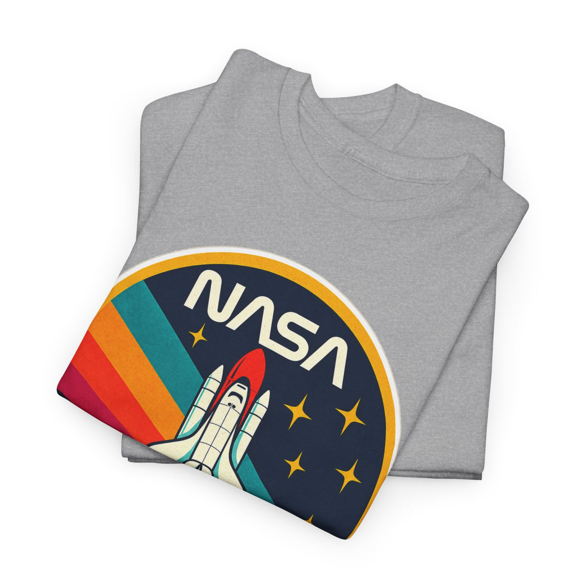 NASA Retro Rocket T‑Shirt — Vintage Space Shuttle Tee with Rainbow Trail