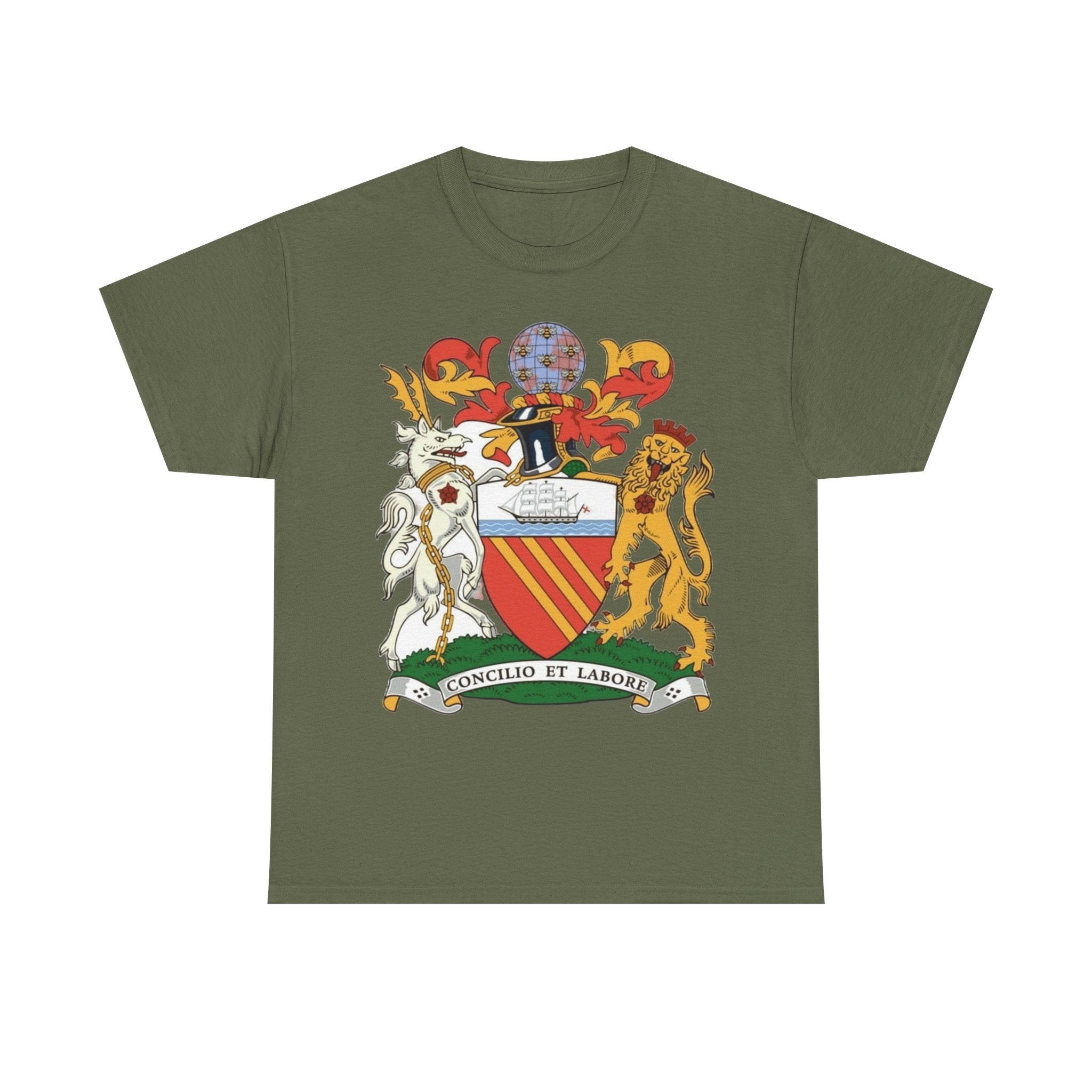 Manchester Coat of Arms Crest T‑Shirt — Heraldic Family Shield Tee with 'Concilio et Labore' Banner