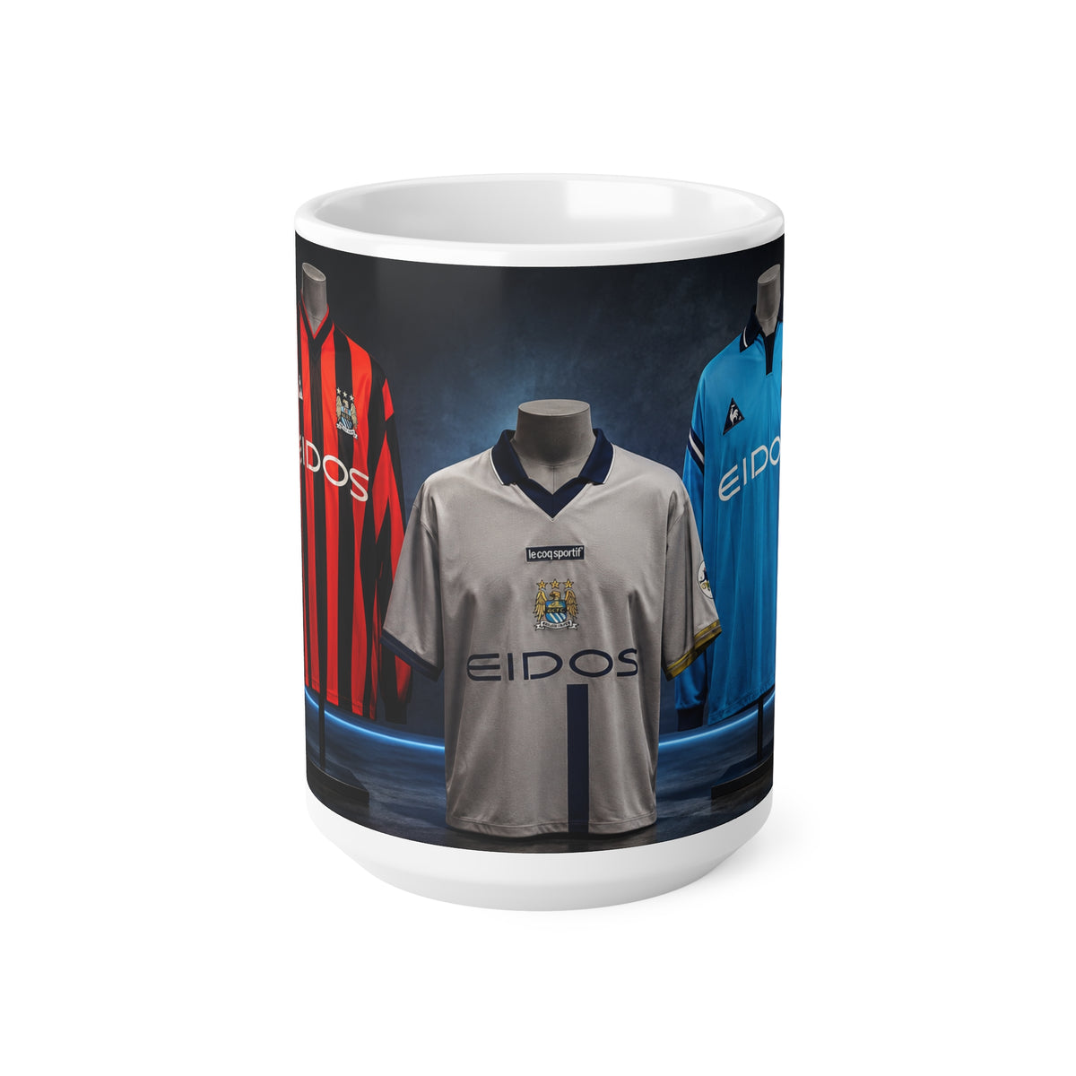 Manchester City Retro Soccer Jersey Coffee Mug — Vintage Team Kit Trio Design (11oz & 15oz)