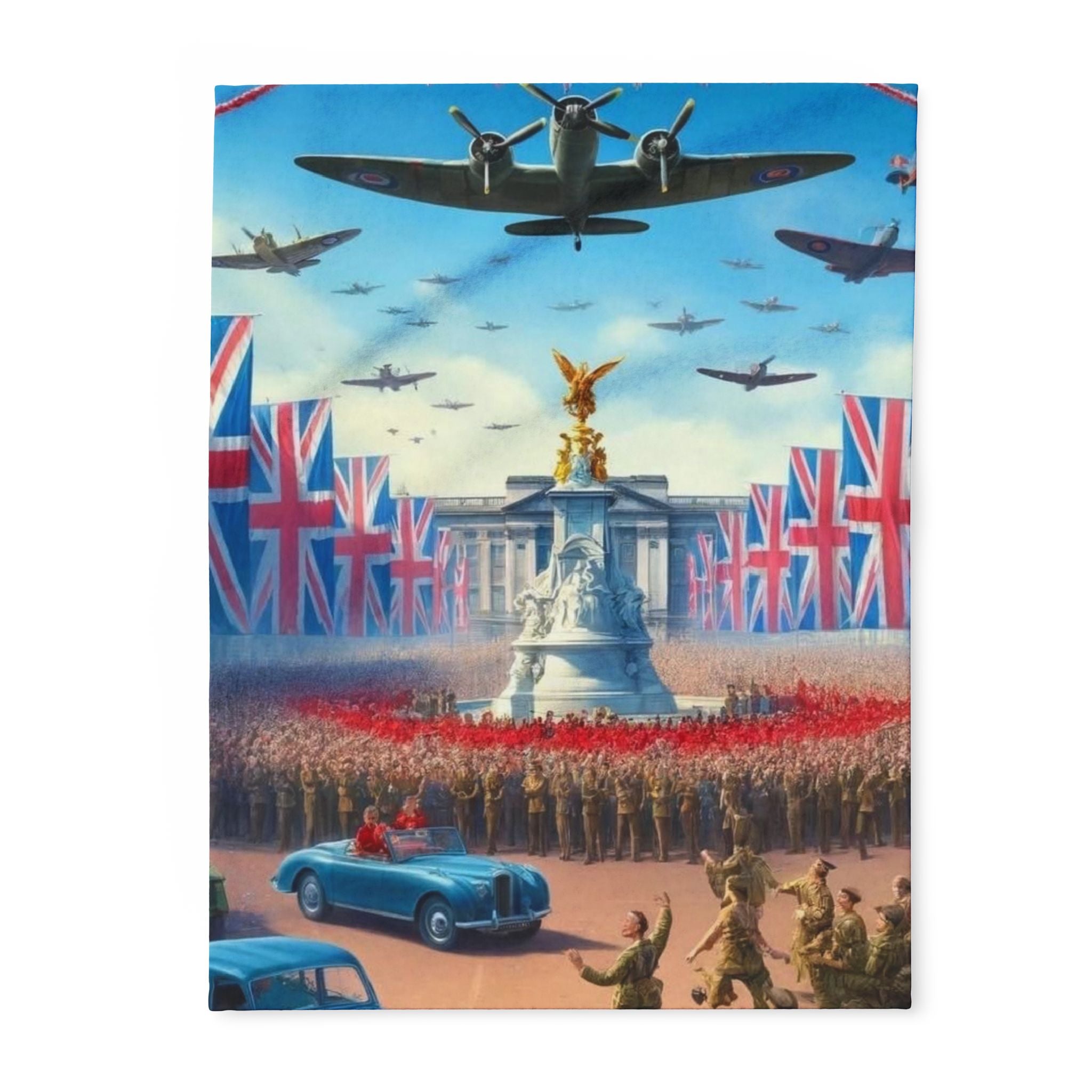 Union Jack Victory Fleece Blanket — Vintage WWII London Memorial Scene