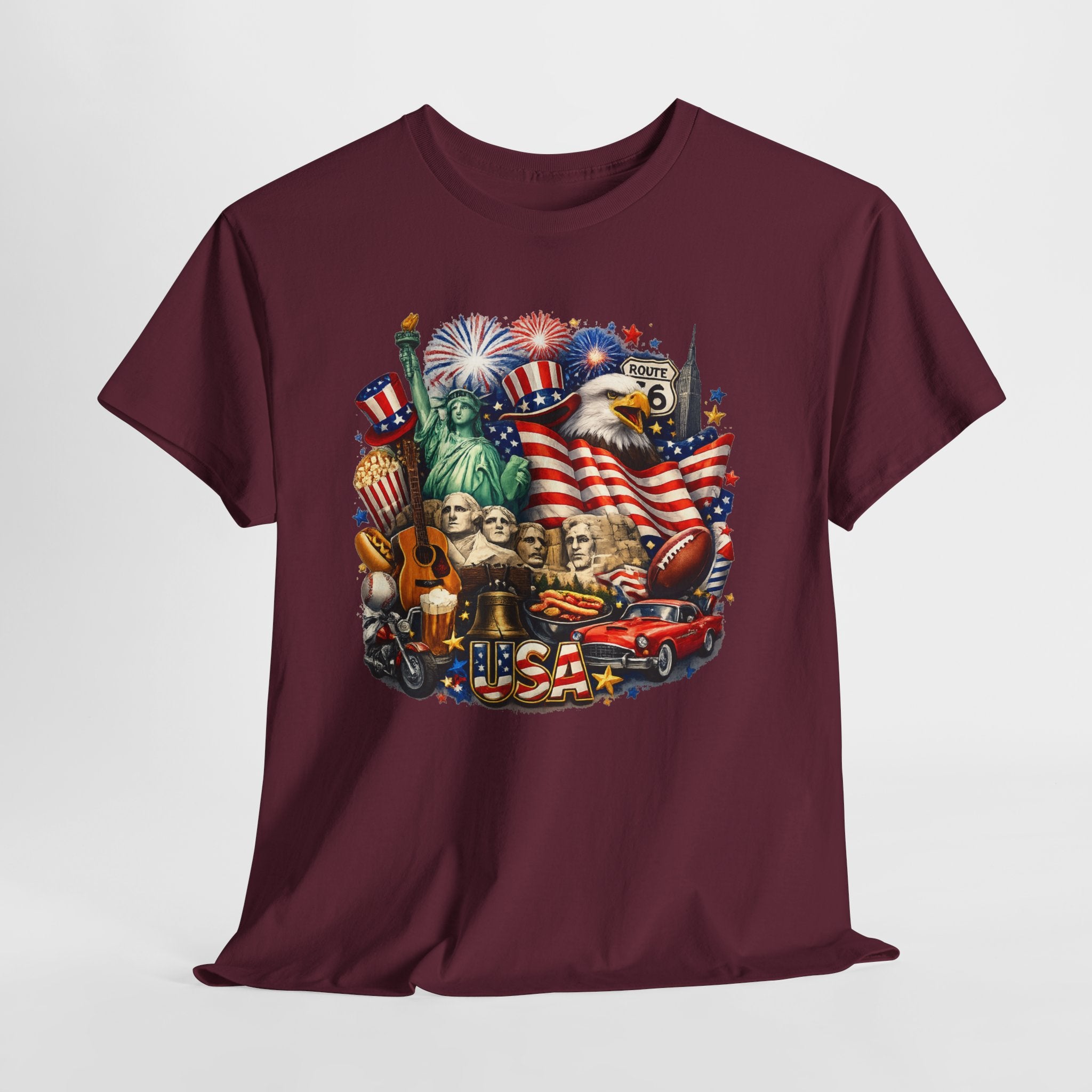 Patriotic USA Graphic Tee – American Flag, Statue of Liberty & Fireworks T-Shirt