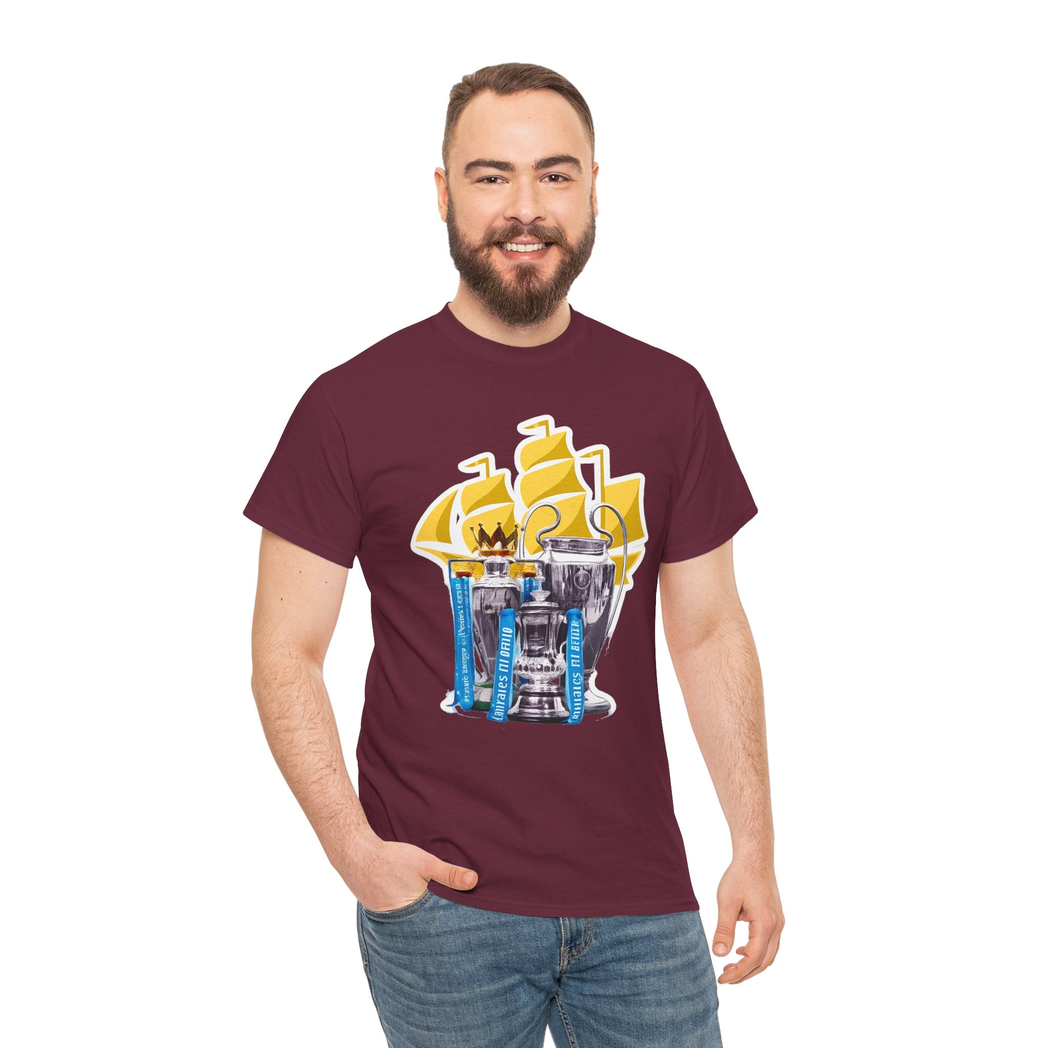 Manchester City Champions Trophy Tee – Golden Cups & Blue Scarves Football Fan Shirt