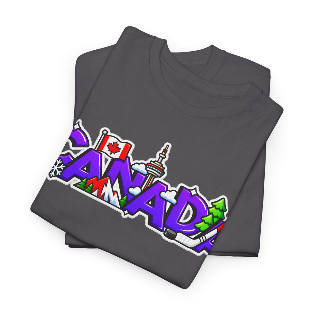 Canada Cartoon Graphic Tee — Canadian Landmark & Flag Travel T‑Shirt