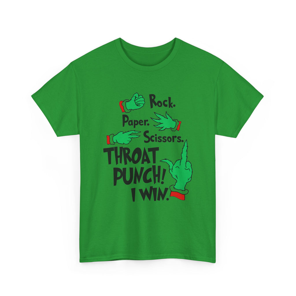 Funny Holiday Tee — "Rock. Paper. Scissors. Throat Punch! I Win" Graphic T-Shirt