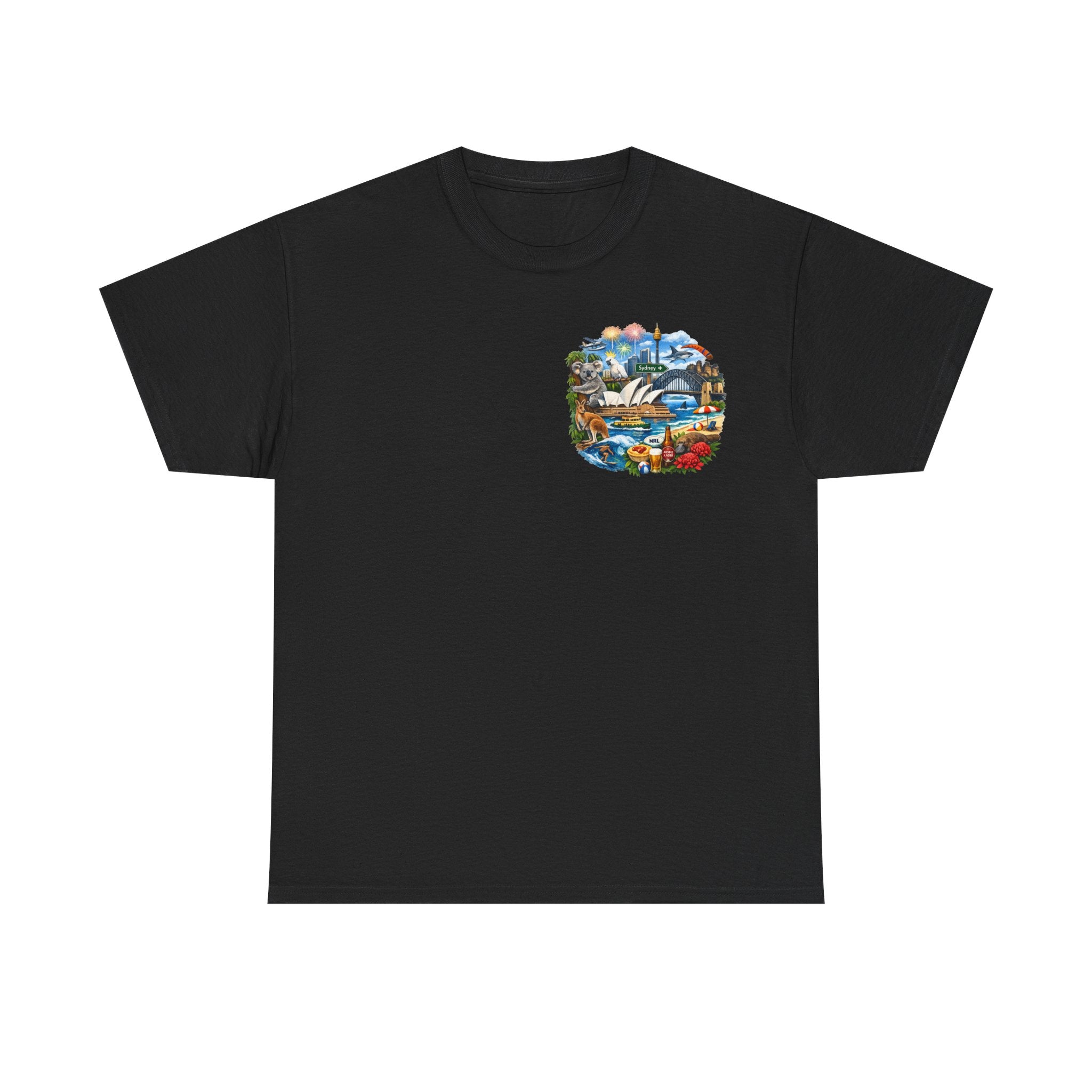 T-Shirt — Sydney Landmark Collage Tee (Opera House, Harbour Bridge, Koala & Beach Scene)