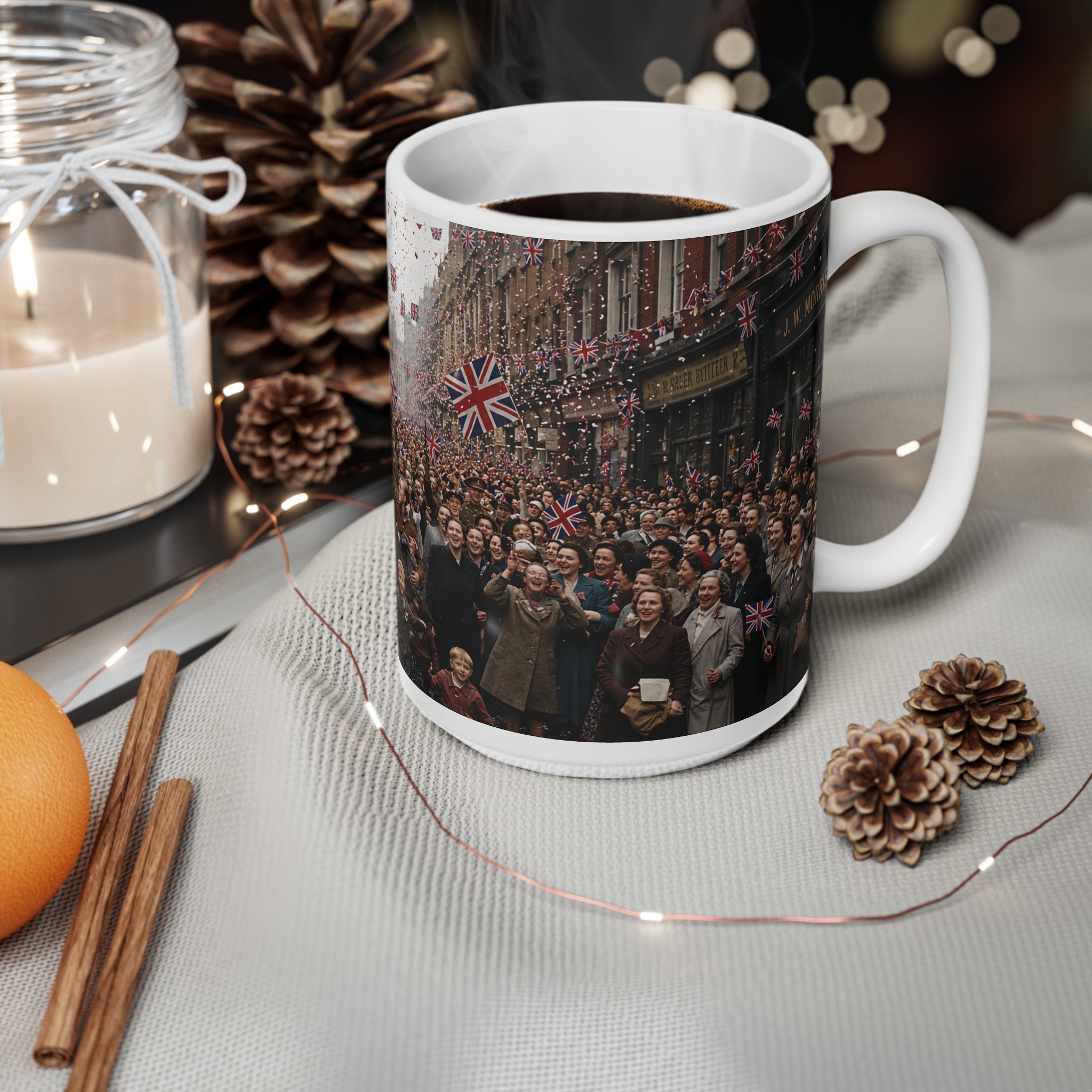 Union Jack Street Parade Mug — Vintage British Crowd Scene Ceramic Coffee Cup (11oz, 15oz)