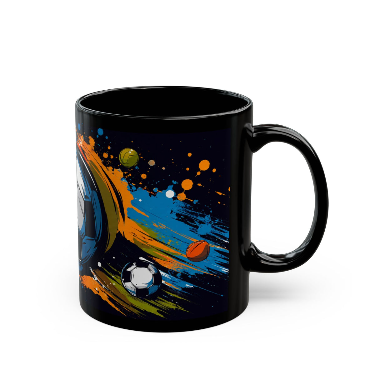 Soccer Splash Black Mug (11oz & 15oz) – Colorful Football Design for Fans & Coaches