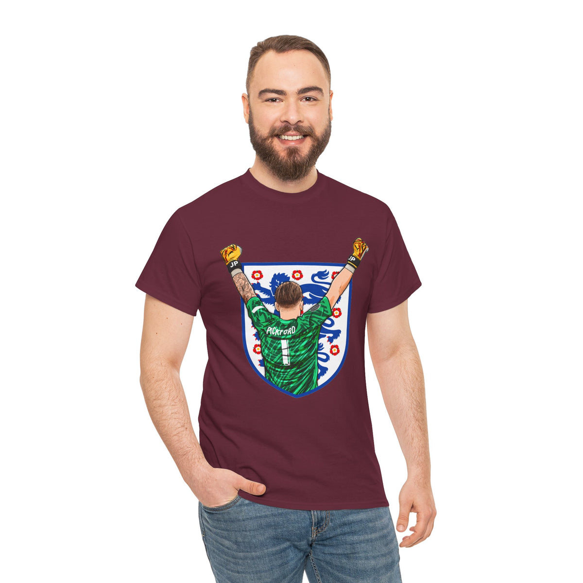 Pickford England Number 1 Goalkeeper Graphic Tee — Victory Pose Jersey Design