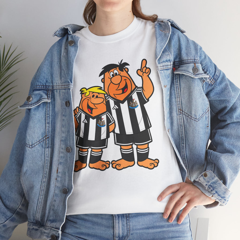 Newcastle United Flintstones Cartoon Cotton T-Shirt / Tee — Retro Striped Jersey Illustrations