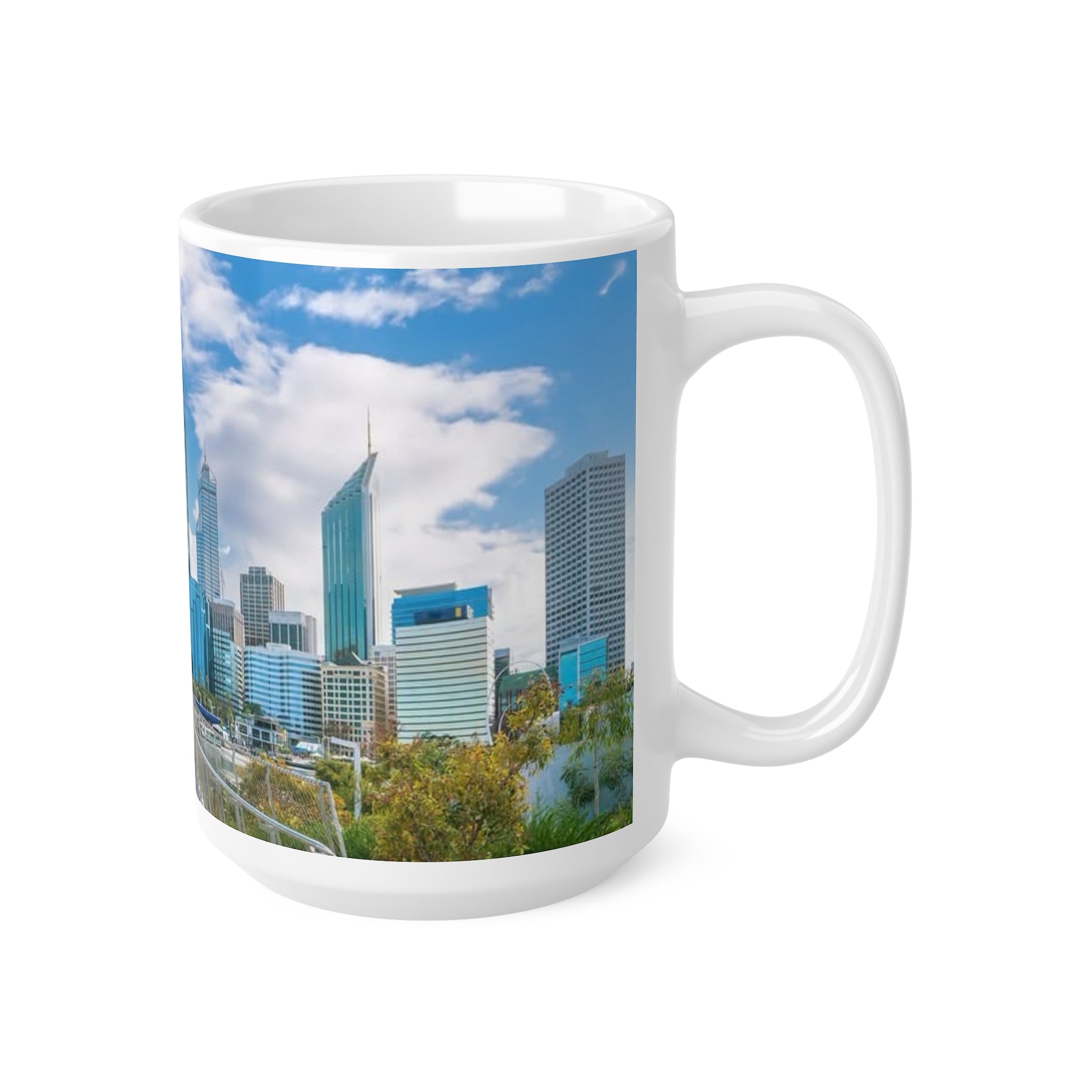 City Skyline Ceramic Mug — Modern Urban Bridge Coffee Cup (11oz & 15oz)