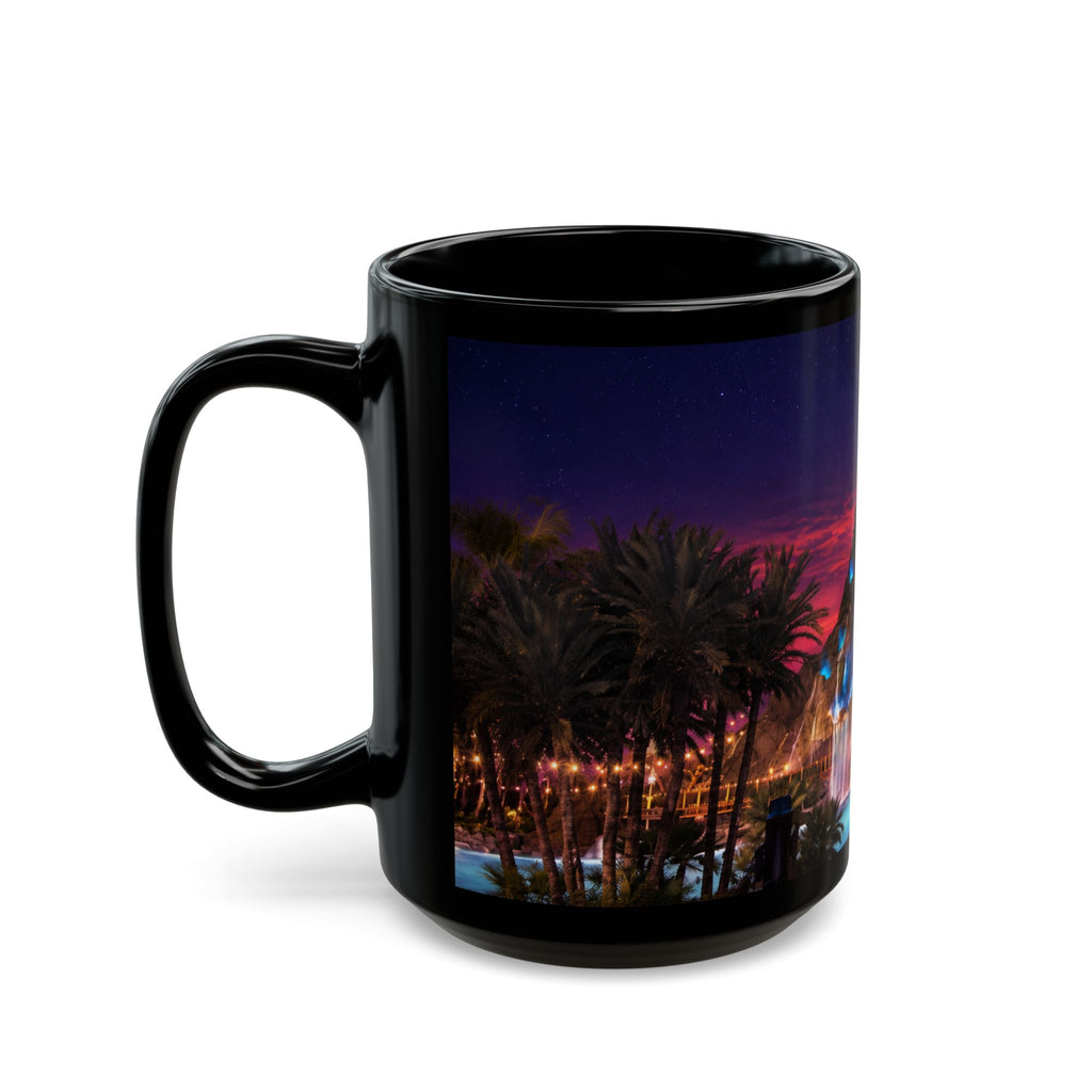 Volcano Bay at Night Black Mug — Illuminated Waterfall & Palm Tree Coffee Cup (11oz/15oz)