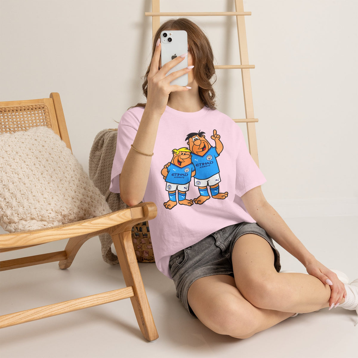 Manchester City The Flintstones Etihad Airways Cartoon Cotton T-Shirt