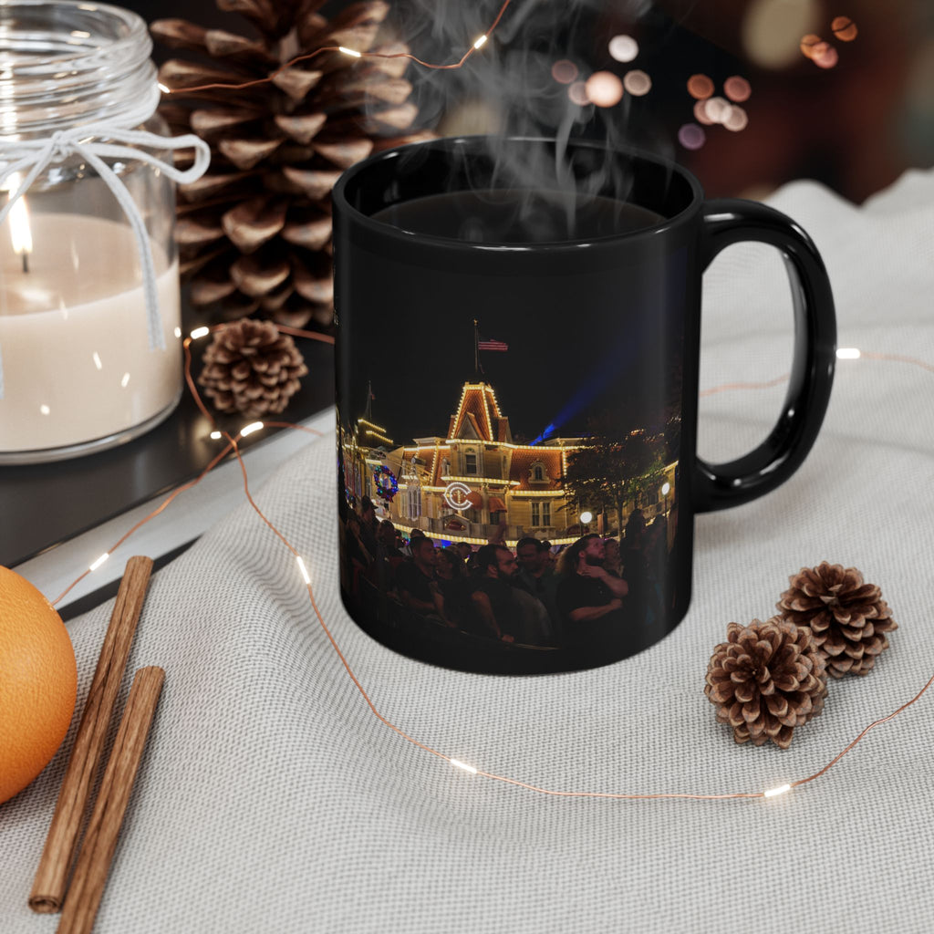 Magic Kingdom Nighttime Theme Park Lights Mug — Scenic Black Coffee Cup