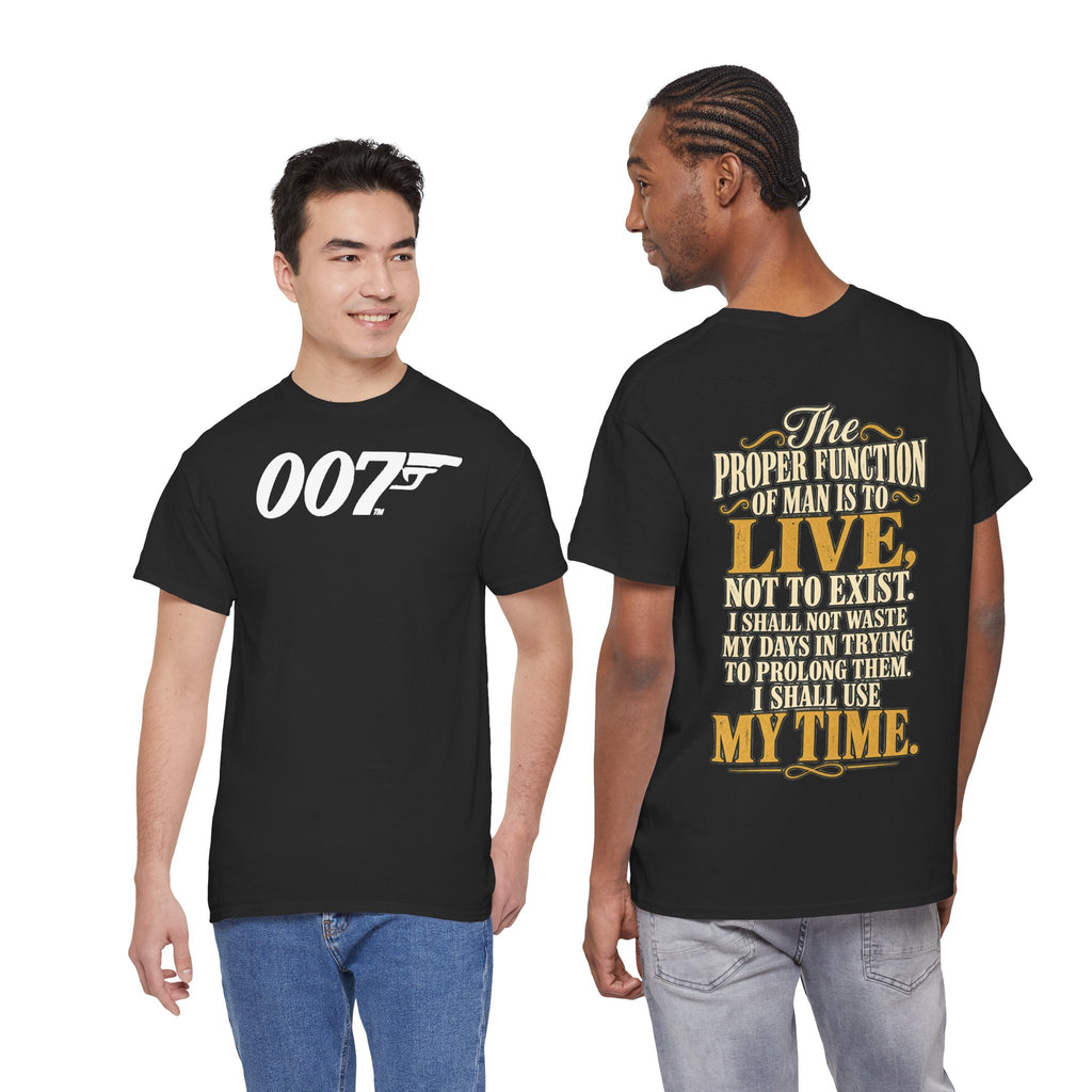 007 Gun Logo T-Shirt — "The Proper Function of Man Is to Live" Quote Tee