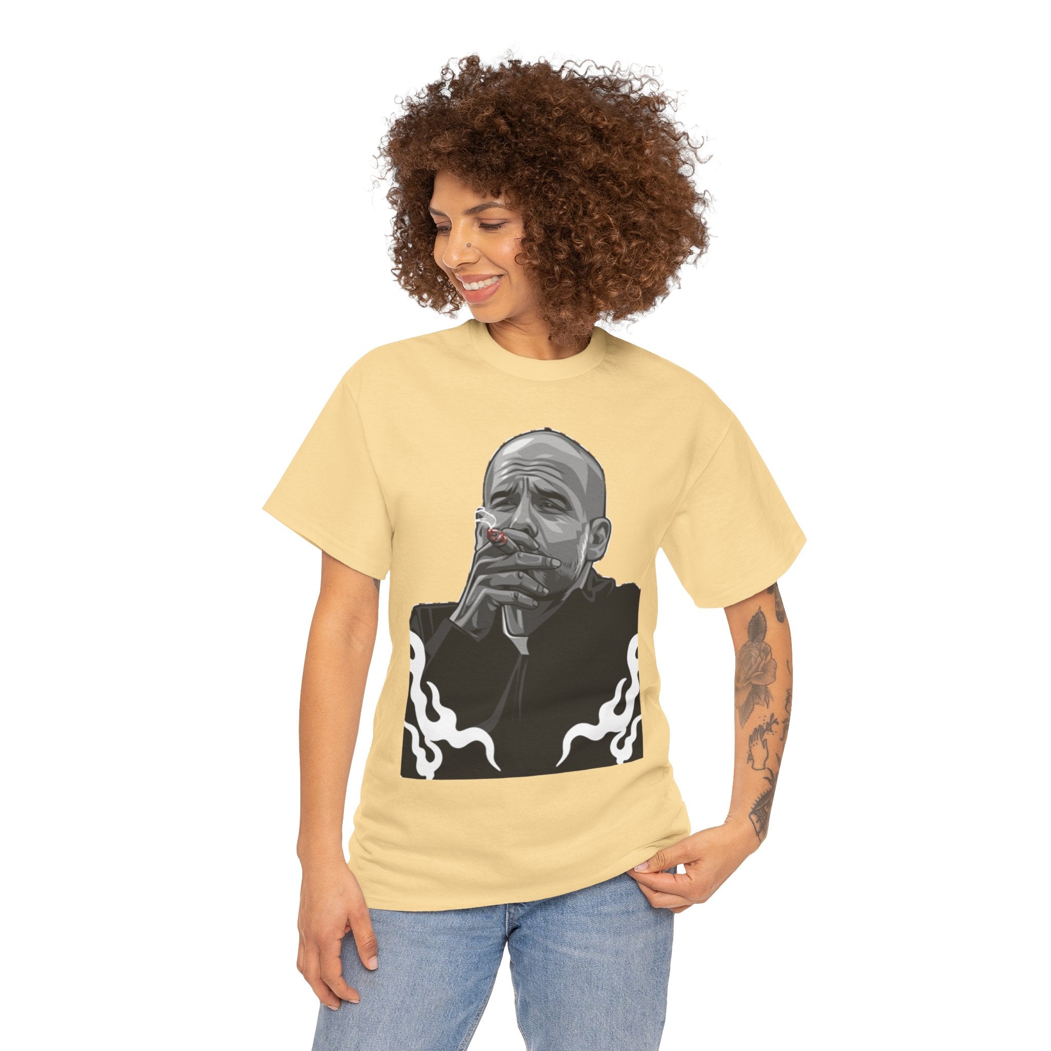 Pep Guardiola Smoking Portrait T‑Shirt — Moody Graphic Tee