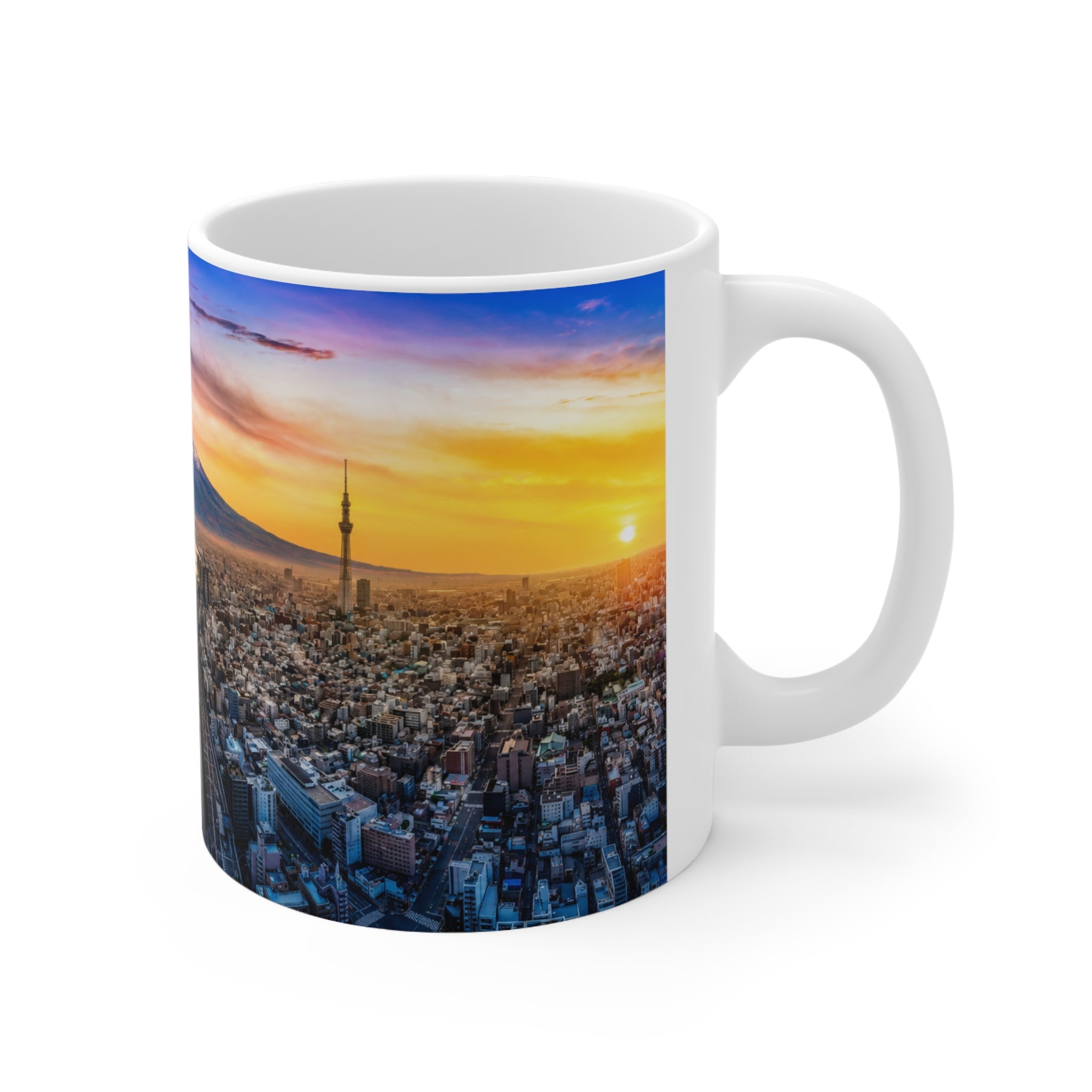 Mountain City Sunrise Ceramic Mug — Scenic Mount Fuji Panorama Coffee Cup (11oz, 15oz)