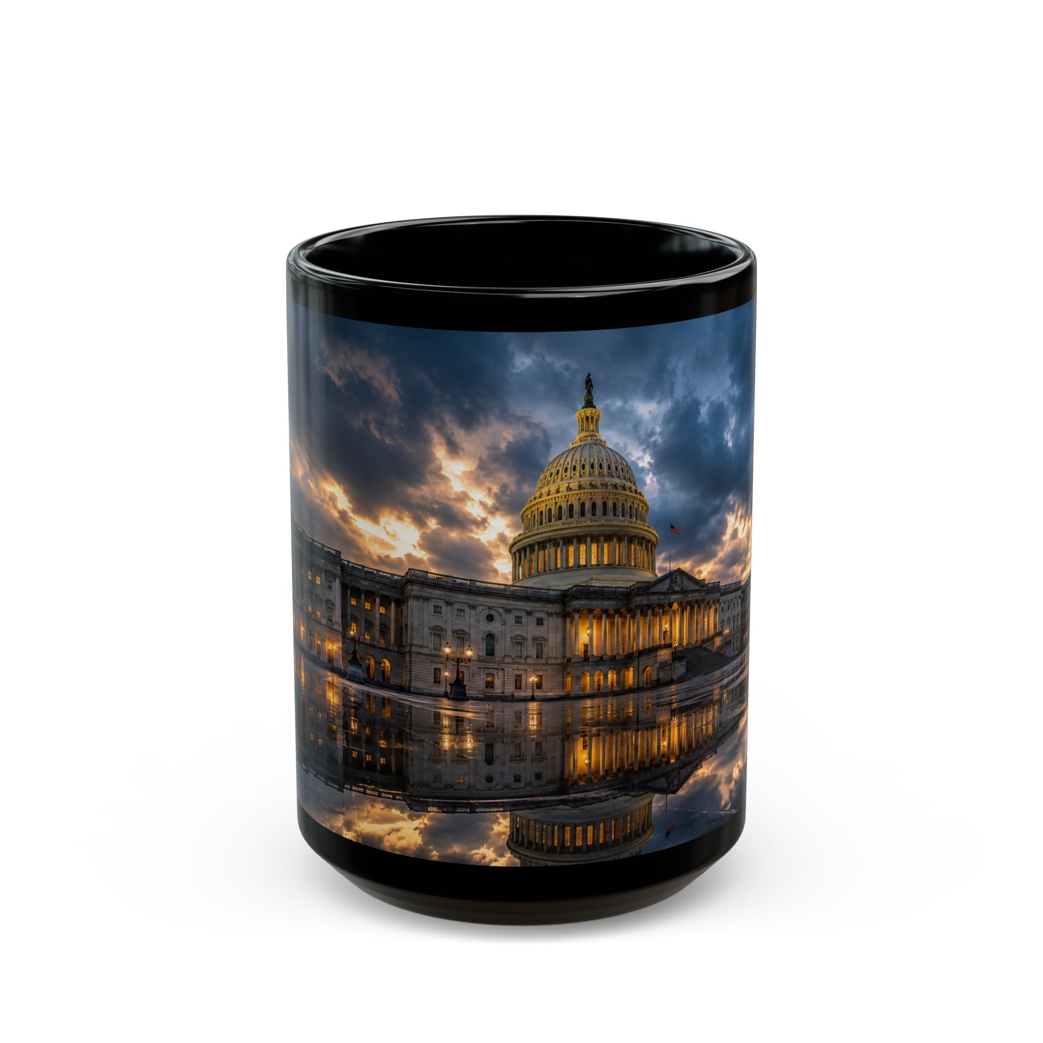 US Capitol Reflection Black Mug — Washington D.C. Skyline Coffee Cup (11oz, 15oz)