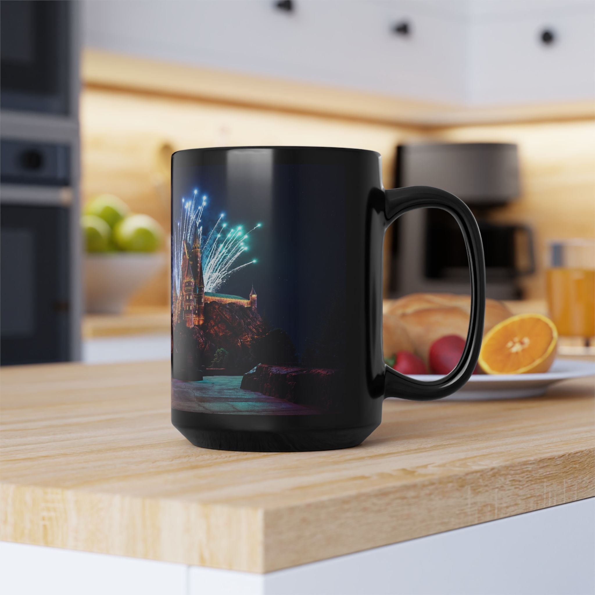 Hogwarts Castle Fireworks Night Black Mug — Castle Nightscape Coffee Cup (11oz/15oz)