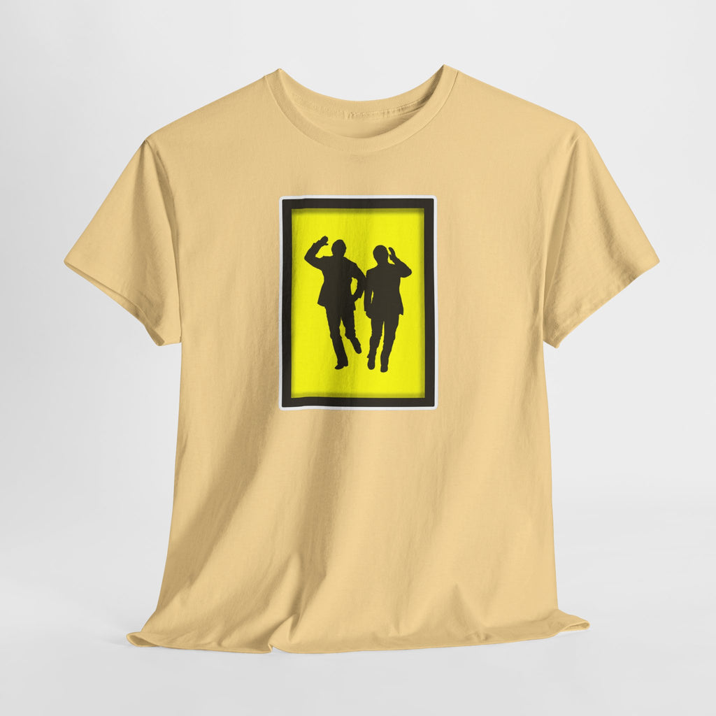 Morecambe and Wise Dancing Silhouette Tee – Retro Yellow Frame Graphic T-Shirt