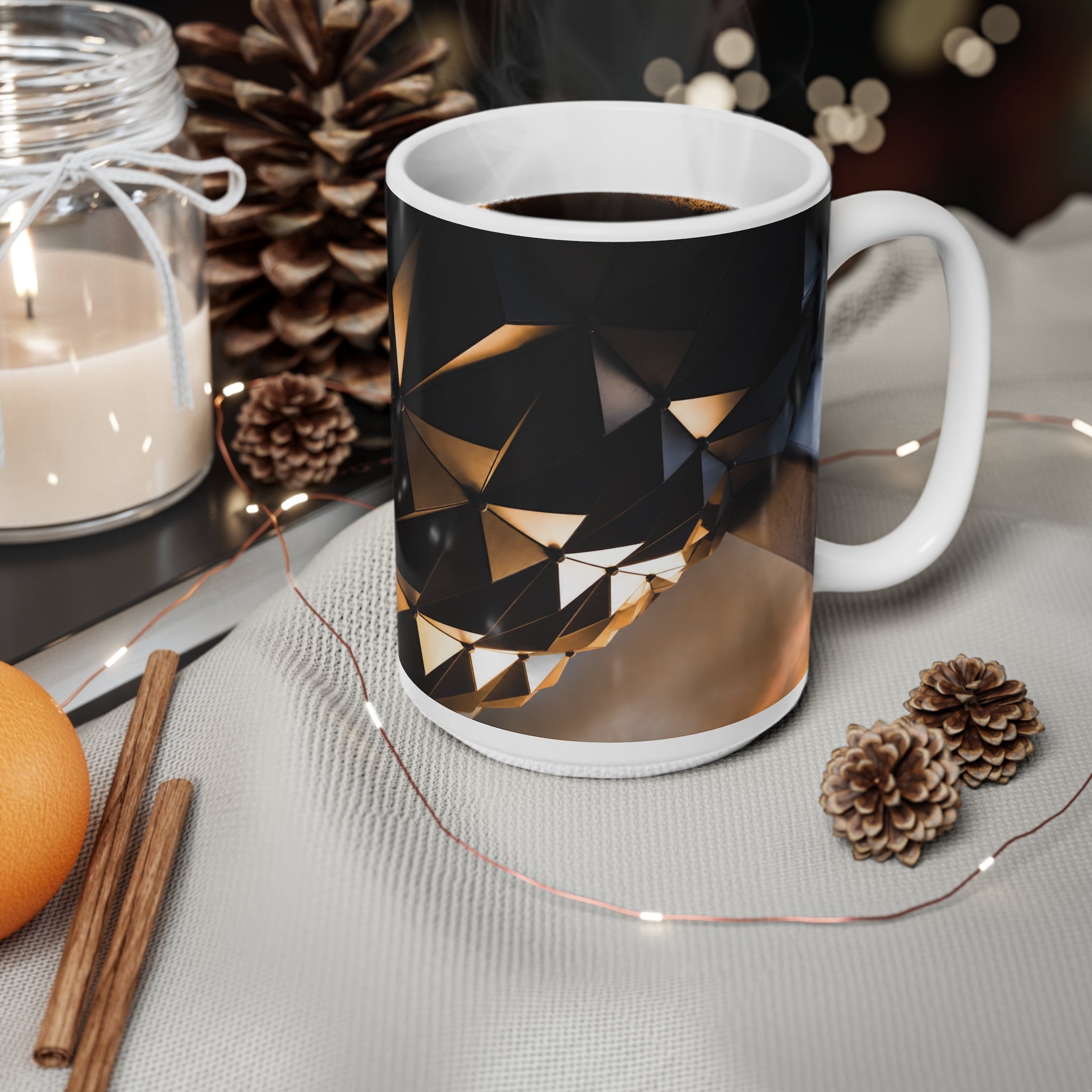 Epcot Geometric Black & Gold Ceramic Mug — Modern Faceted Coffee Cup (11oz/15oz)