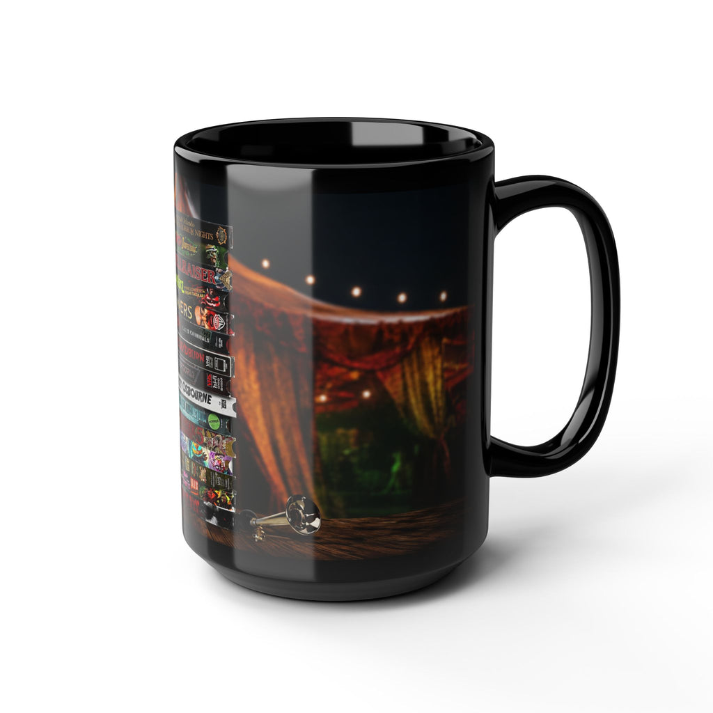 Gothic Horror Bookstack Black Coffee Mug — Vintage Circus, Witchy Reading Vibe (11oz/15oz)