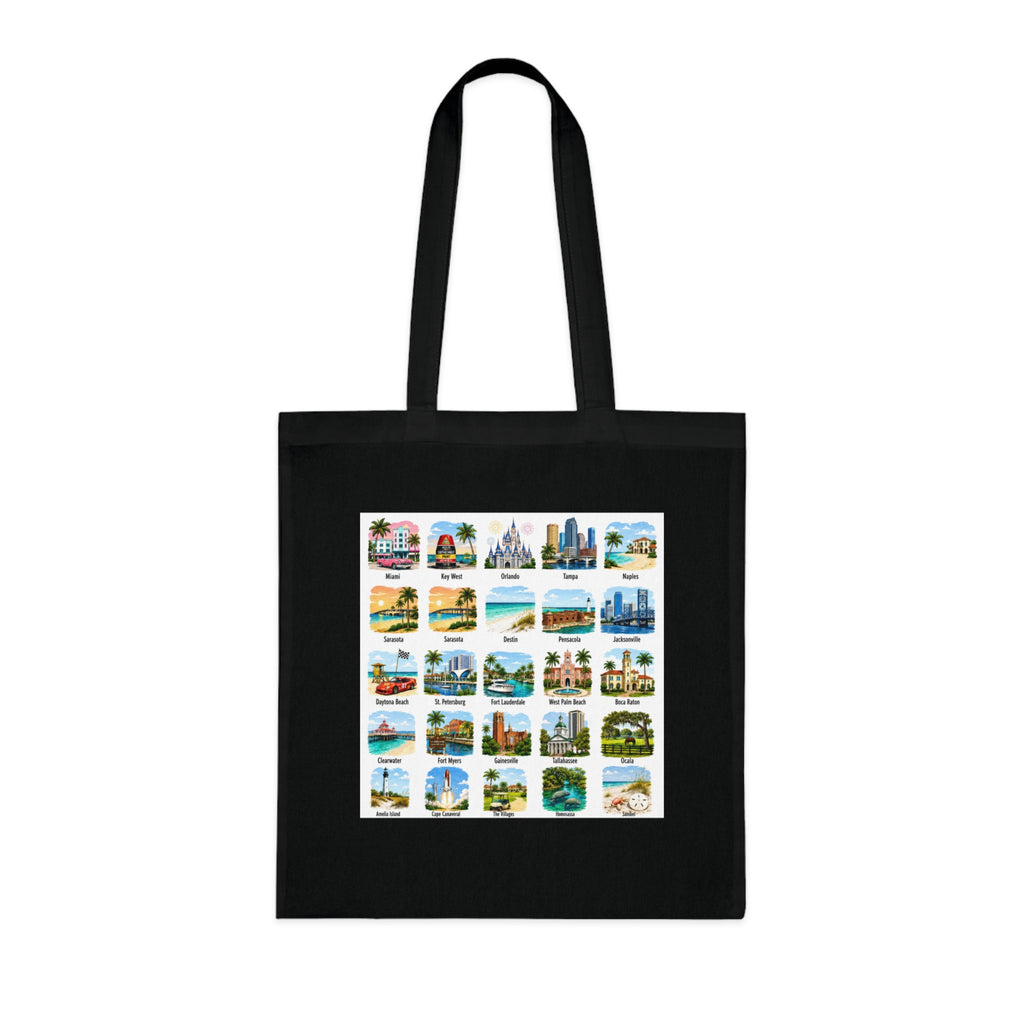 Florida City Landmarks Collage Cotton Tote – Vintage Travel Postcard Design