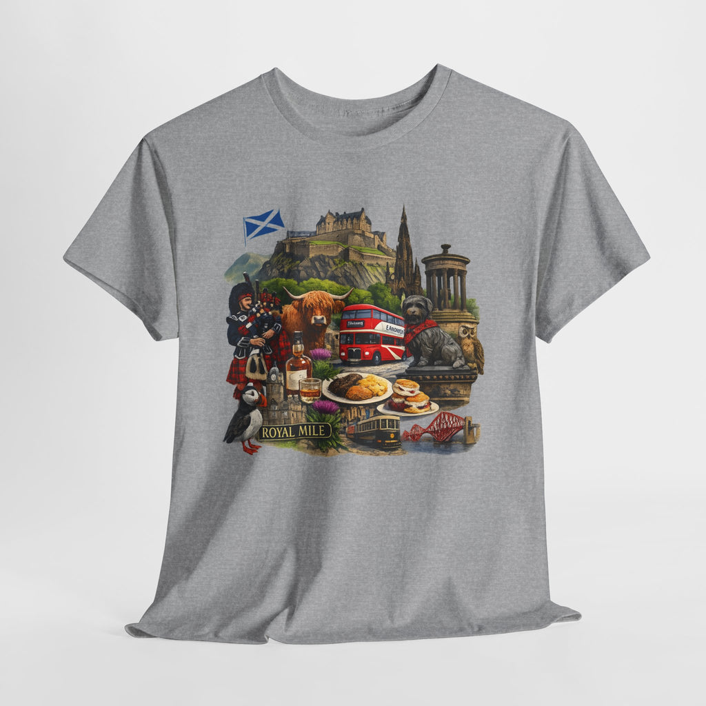 Scotland / Edinburgh Travel Collage T-Shirt — Edinburgh Castle, Bagpipes & Local Icons