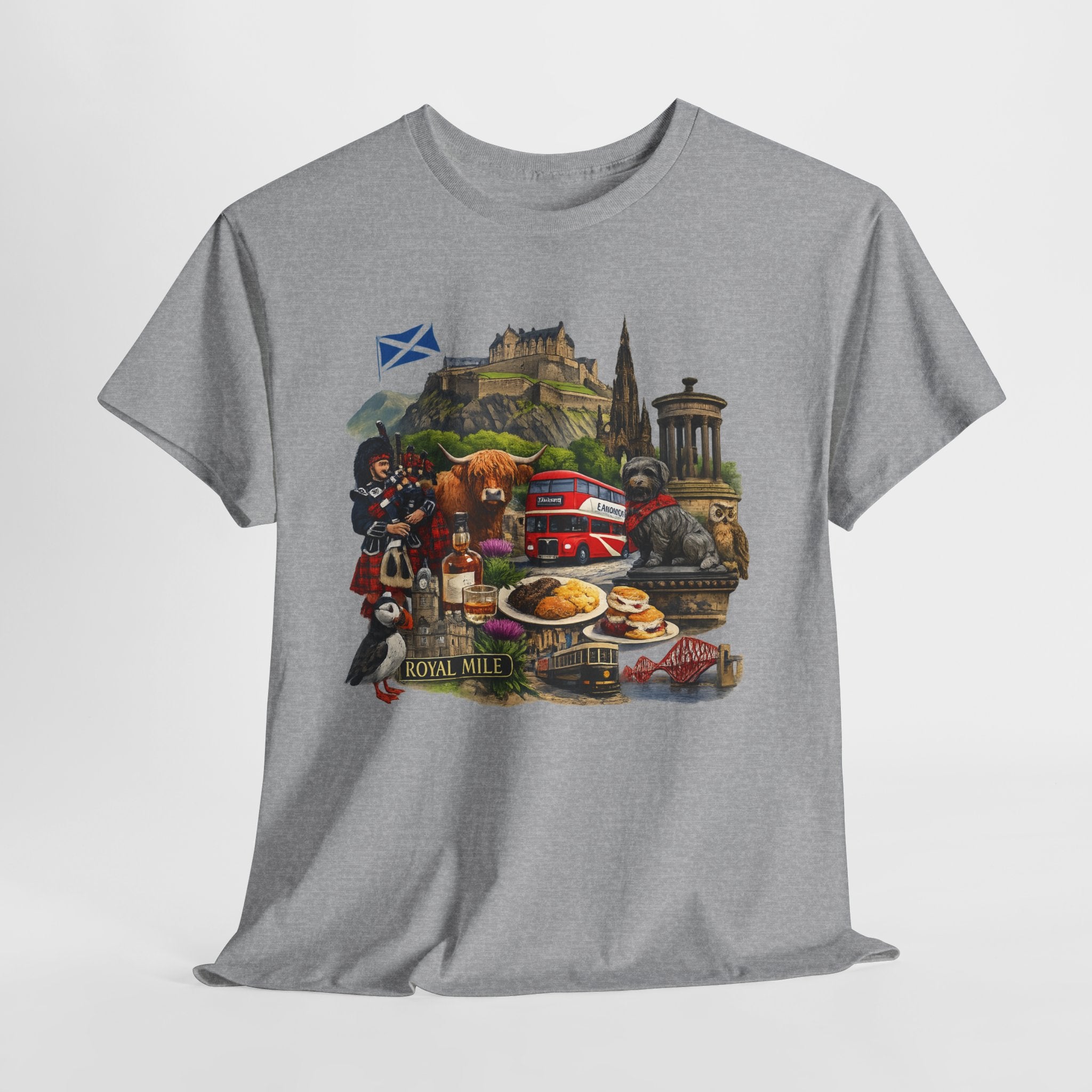 Scotland / Edinburgh Travel Collage T-Shirt — Edinburgh Castle, Bagpipes & Local Icons