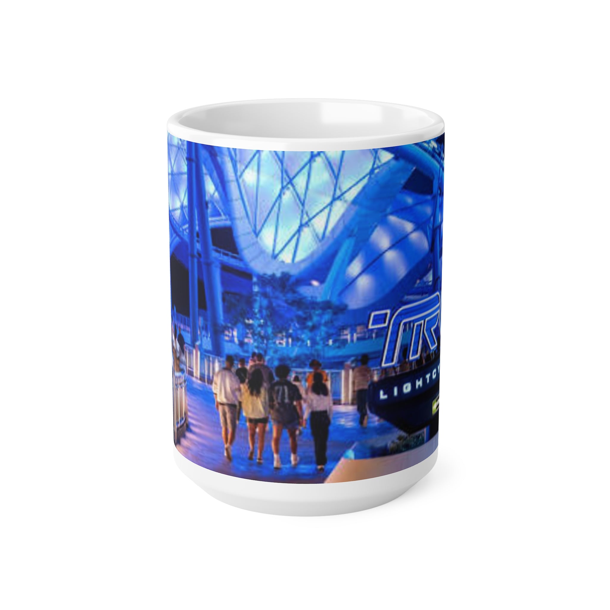 Blue Neon Cityscape Mug — Vibrant Nighttime Urban Photography Ceramic Coffee Cup (11oz & 15oz)