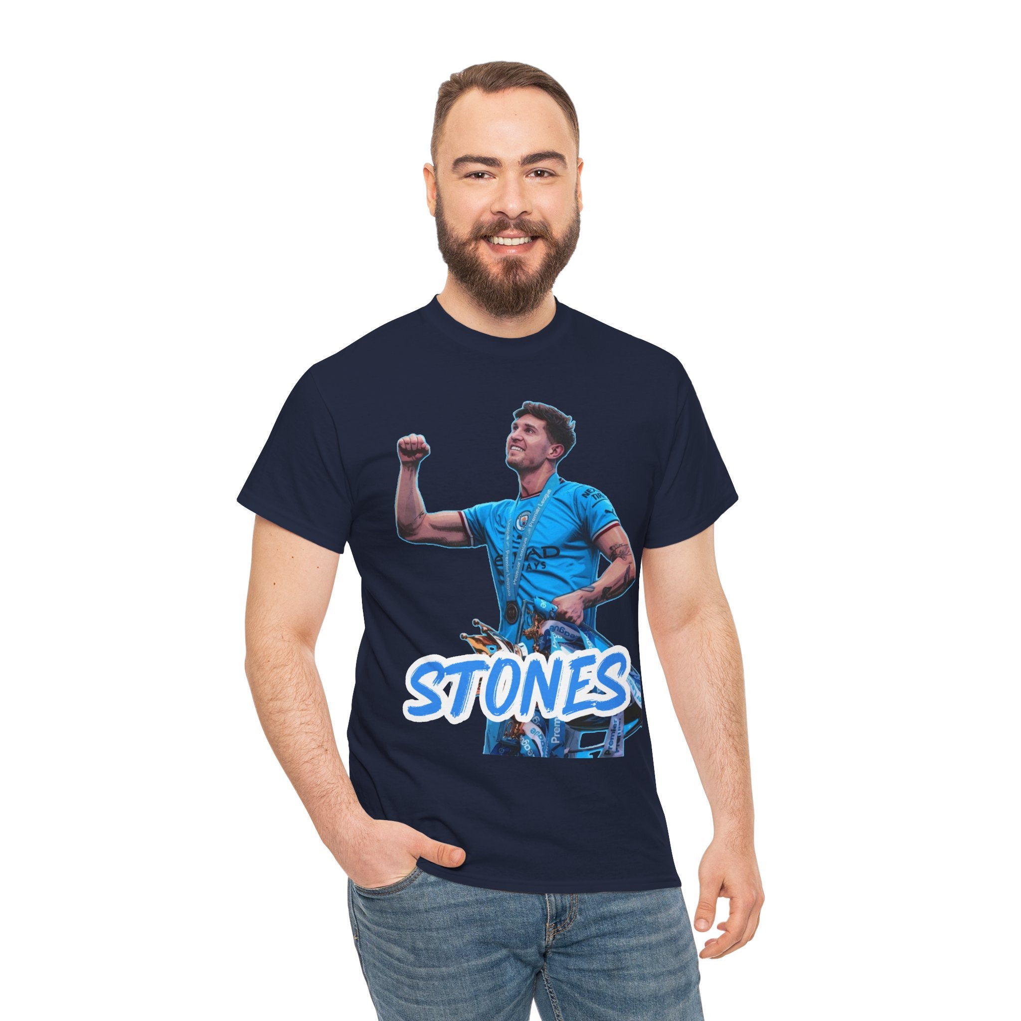 John Stones Manchester City Soccer Fan Tee — Blue Player Graphic T-Shirt