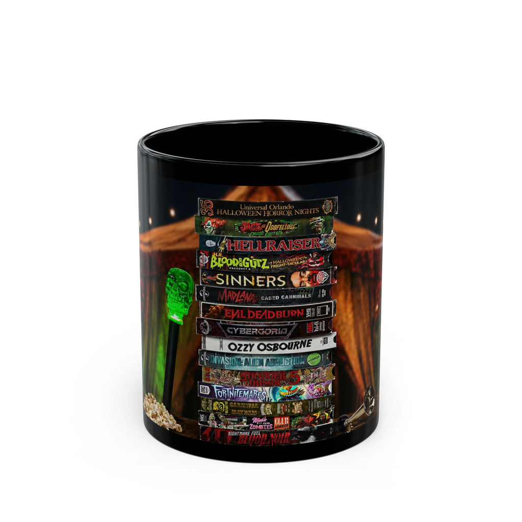 Gothic Horror Bookstack Black Coffee Mug — Vintage Circus, Witchy Reading Vibe (11oz/15oz)