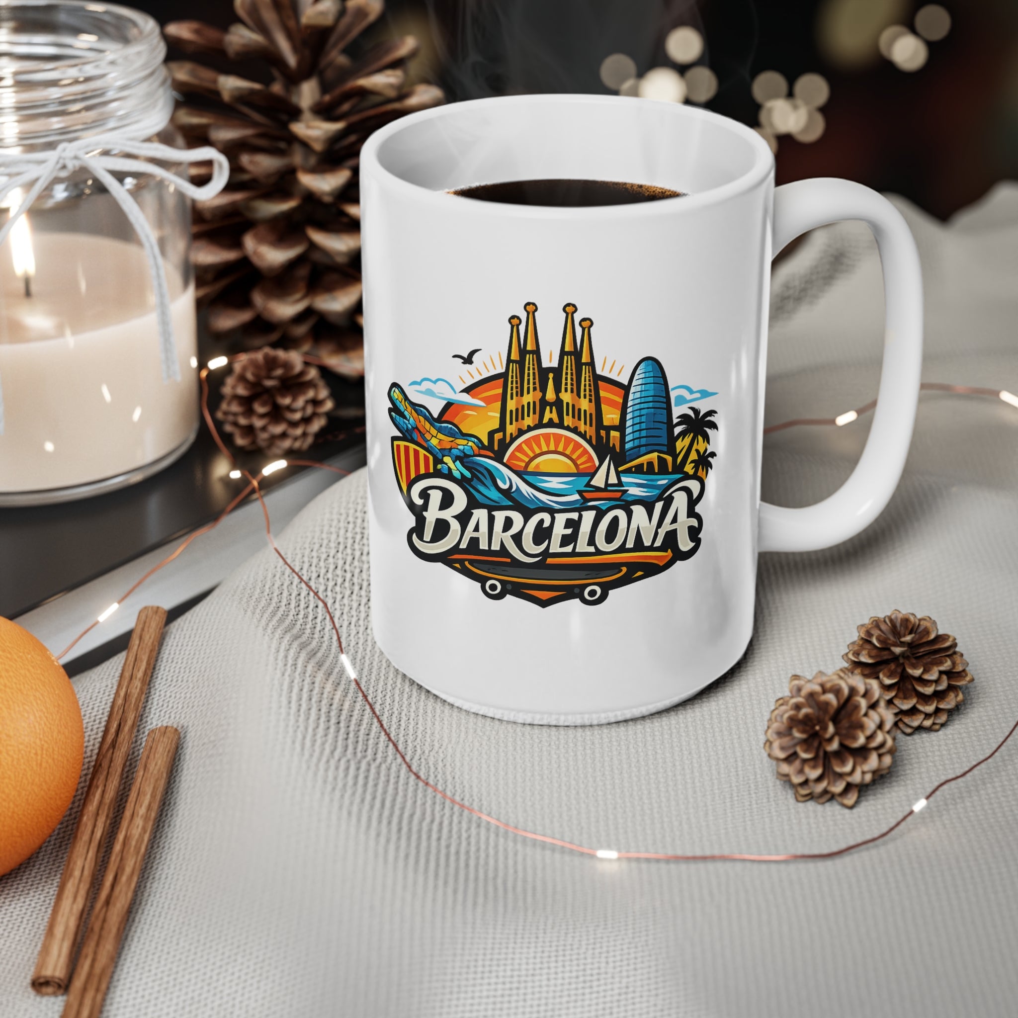 Barcelona Skyline Coffee Mug — Colorful Travel Souvenir 11oz/15oz