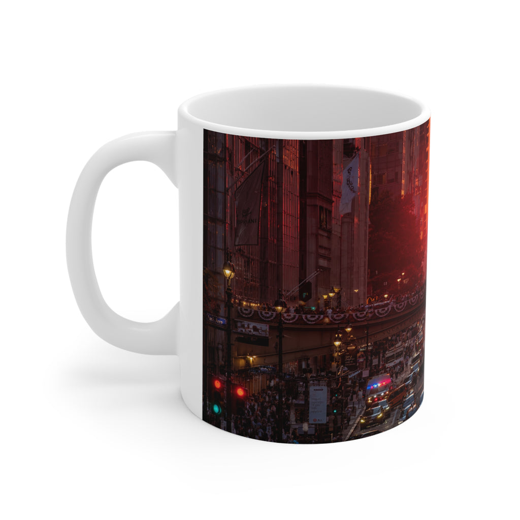 New York City Sunset Traffic Ceramic Coffee Mug — Urban Evening Skyline, 11oz & 15oz