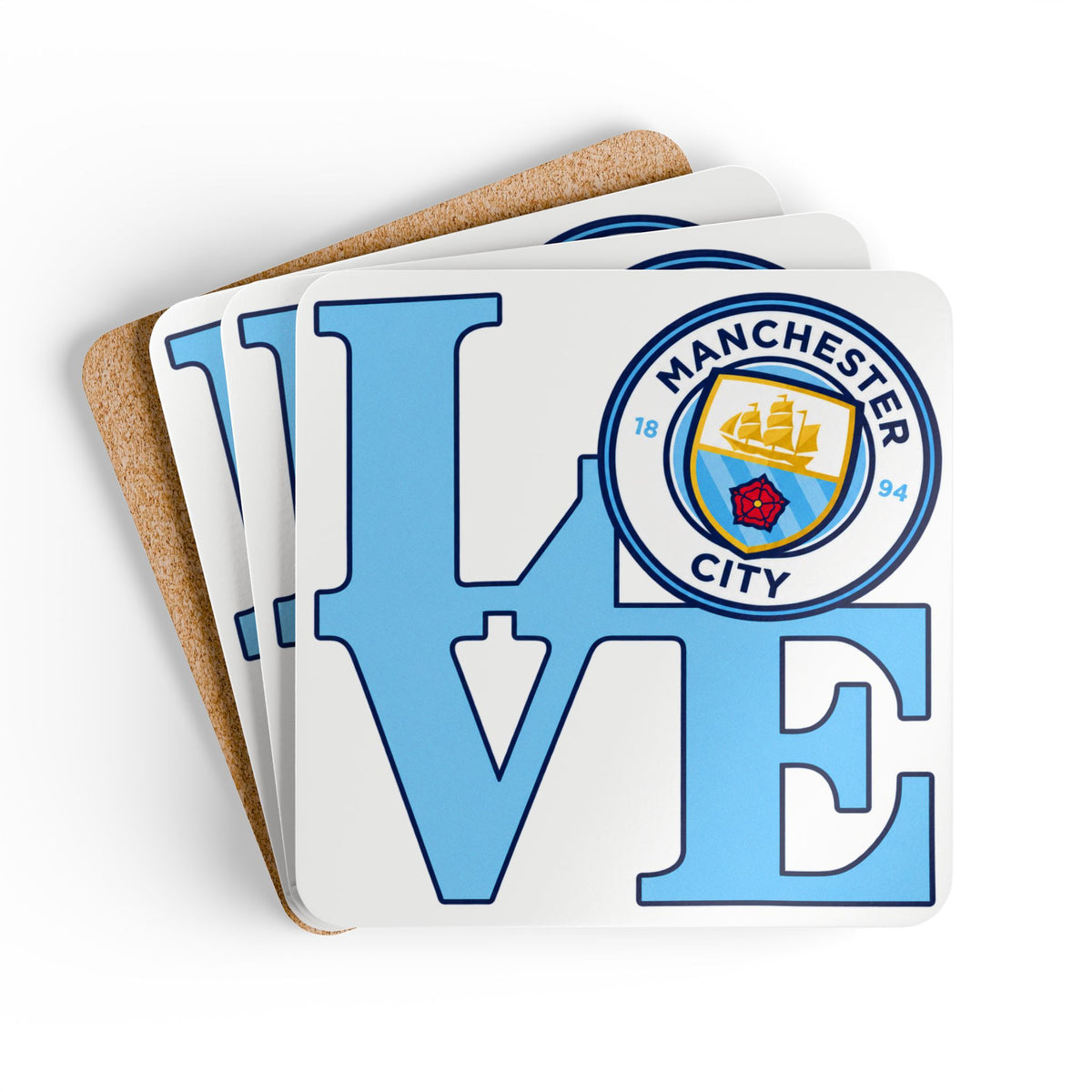 Manchester City 'LOVE' Cork Coaster Set — Football Fan Drink Coasters (4-Pack)