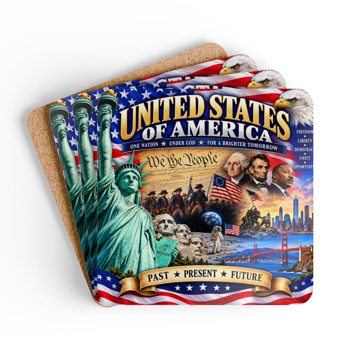 Patriotic USA Cork Coaster Set – United States Collage Design (Past • Present • Future)
