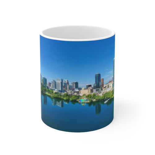 City Skyline Mug — Blue Lake Reflection Ceramic Coffee Cup (11oz & 15oz)