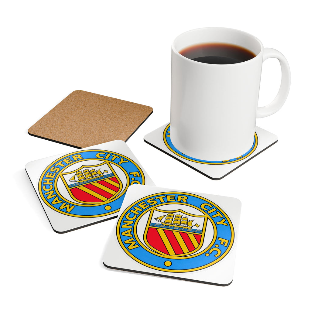 Manchester City F.C. Retro Crest Corkwood Coaster Set – Team Crest Drink Coasters (4-Pack)