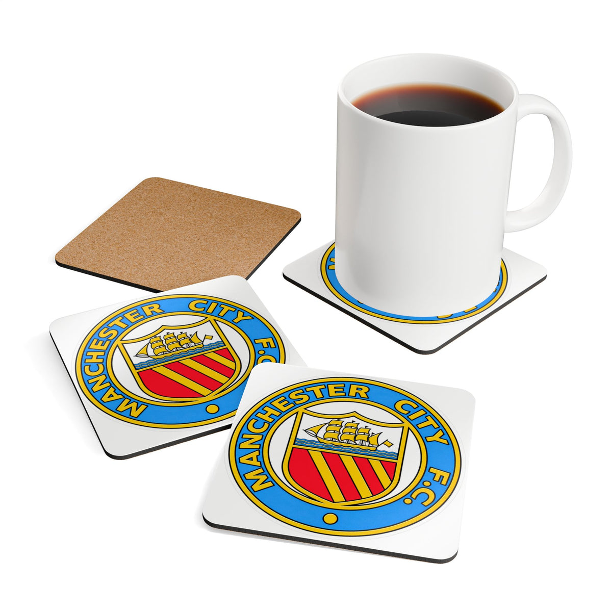 Manchester City F.C. Retro Crest Corkwood Coaster Set – Team Crest Drink Coasters (4-Pack)