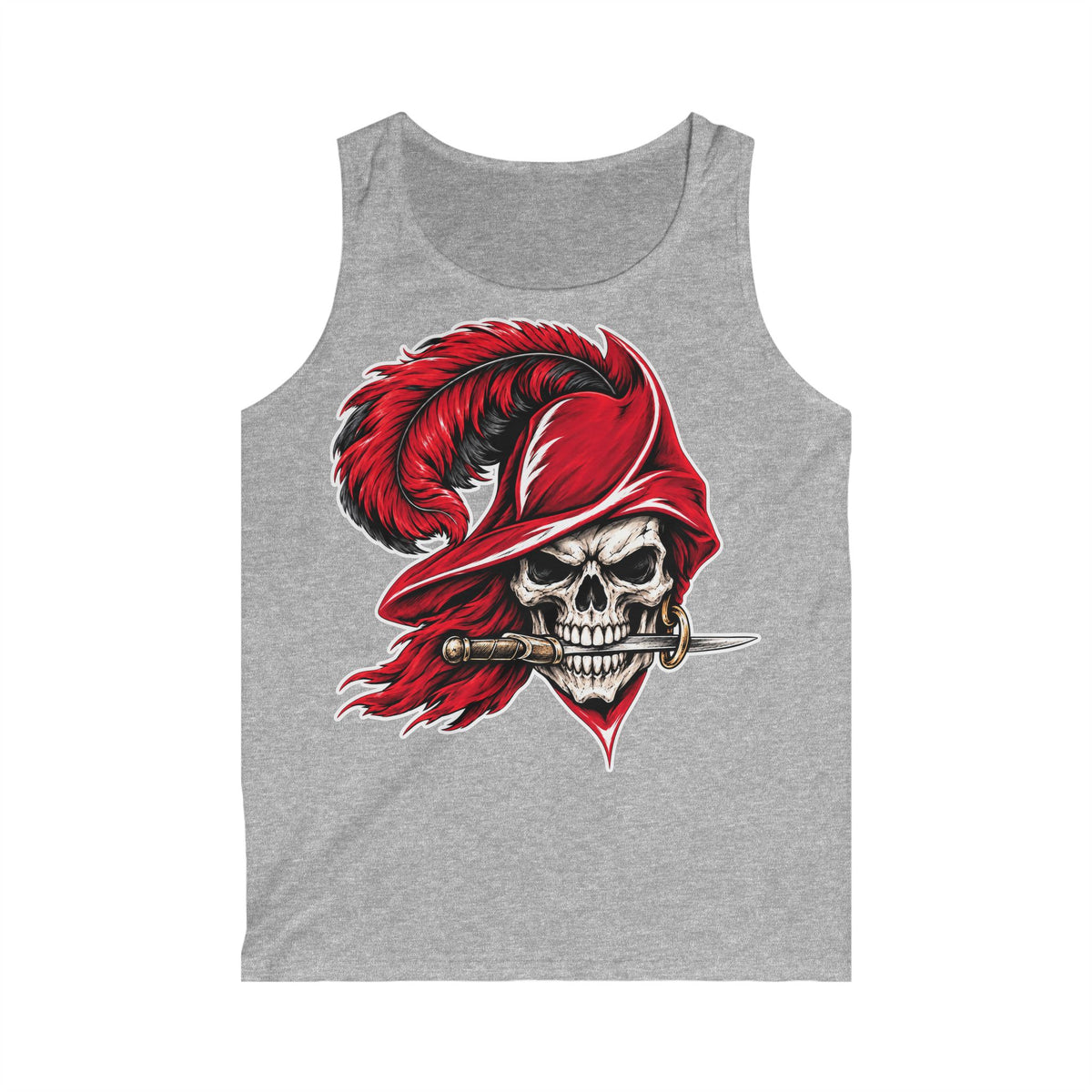 Skull Musketeer Tank Top — Red Feathered Pirate Skull Graphic