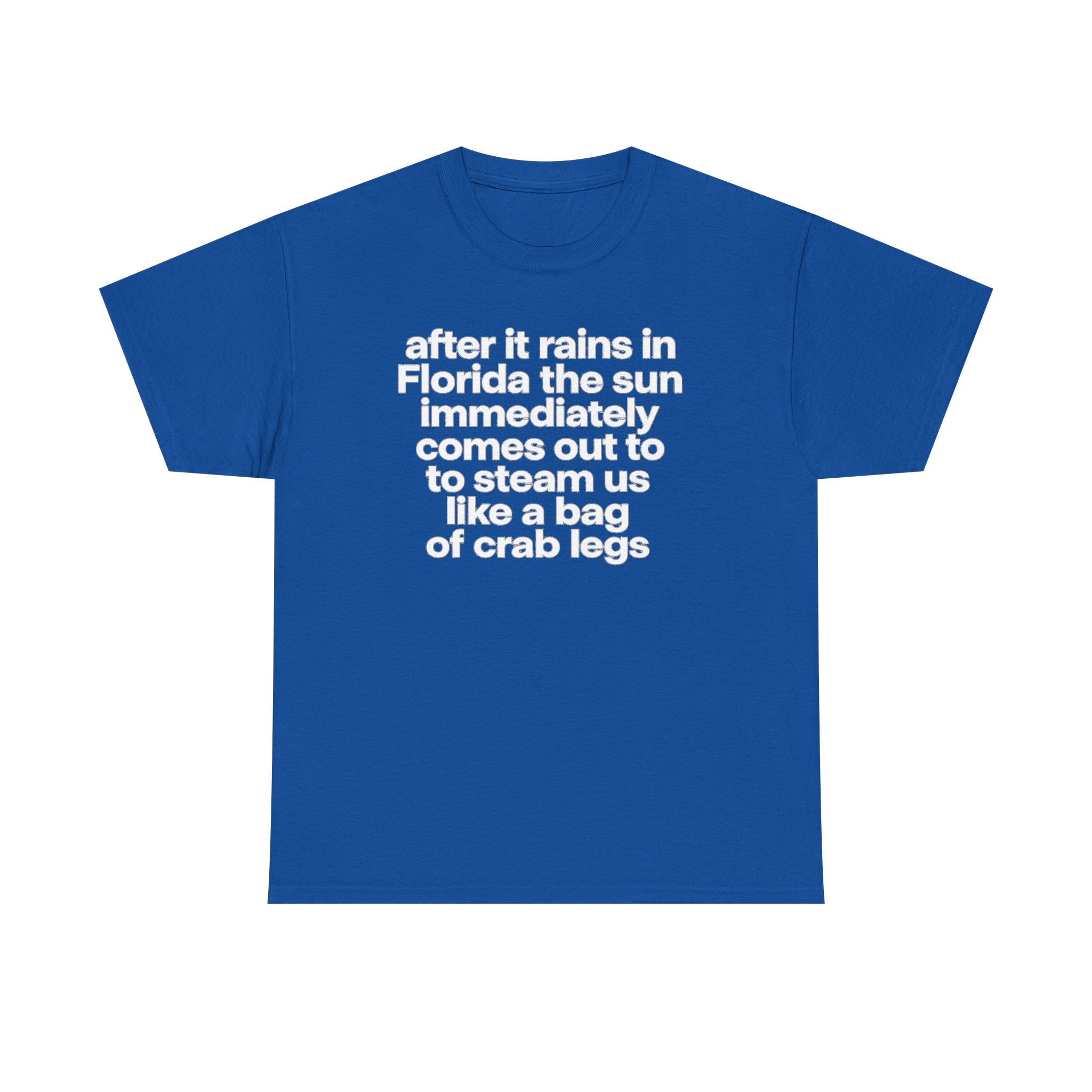 T-Shirt — "after it rains in Florida the sun immediately comes out to steam us like a bag of crab legs" Funny Florida Weather Tee