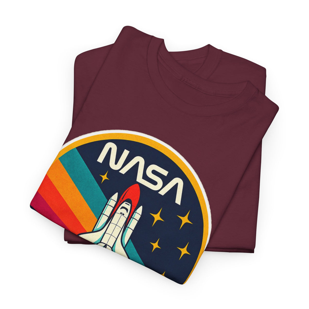 NASA Retro Rocket T‑Shirt — Vintage Space Shuttle Tee with Rainbow Trail